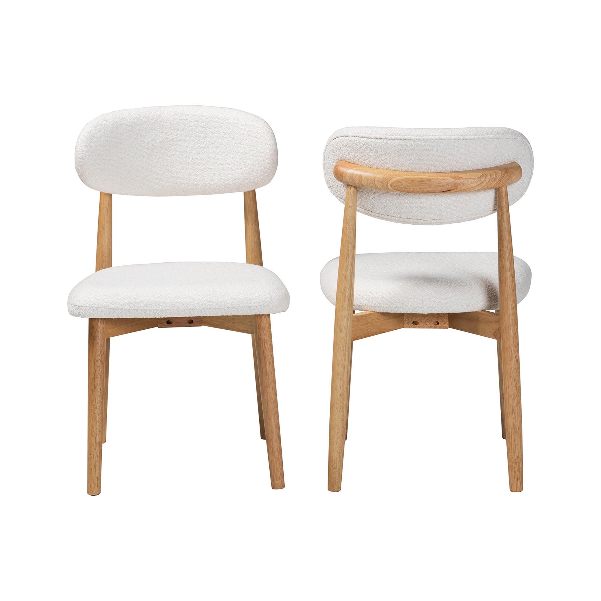 Baxton Studio Wattsu Boucle Upholstered Dining Chair Set of 2- Mid-Century Modern Side Chair with Solid Wood Frame and Rounded Backrest, Natural and White