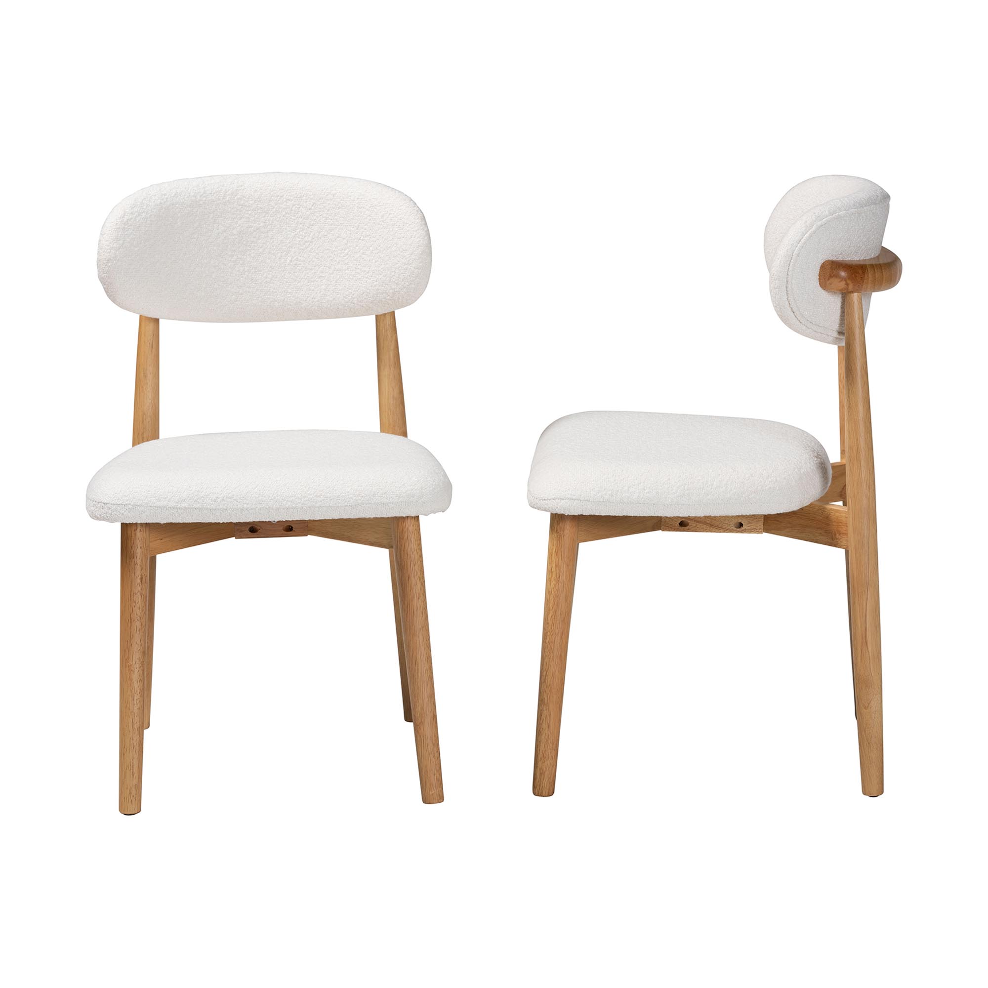 Baxton Studio Wattsu Boucle Upholstered Dining Chair Set of 2- Mid-Century Modern Side Chair with Solid Wood Frame and Rounded Backrest, Natural and White