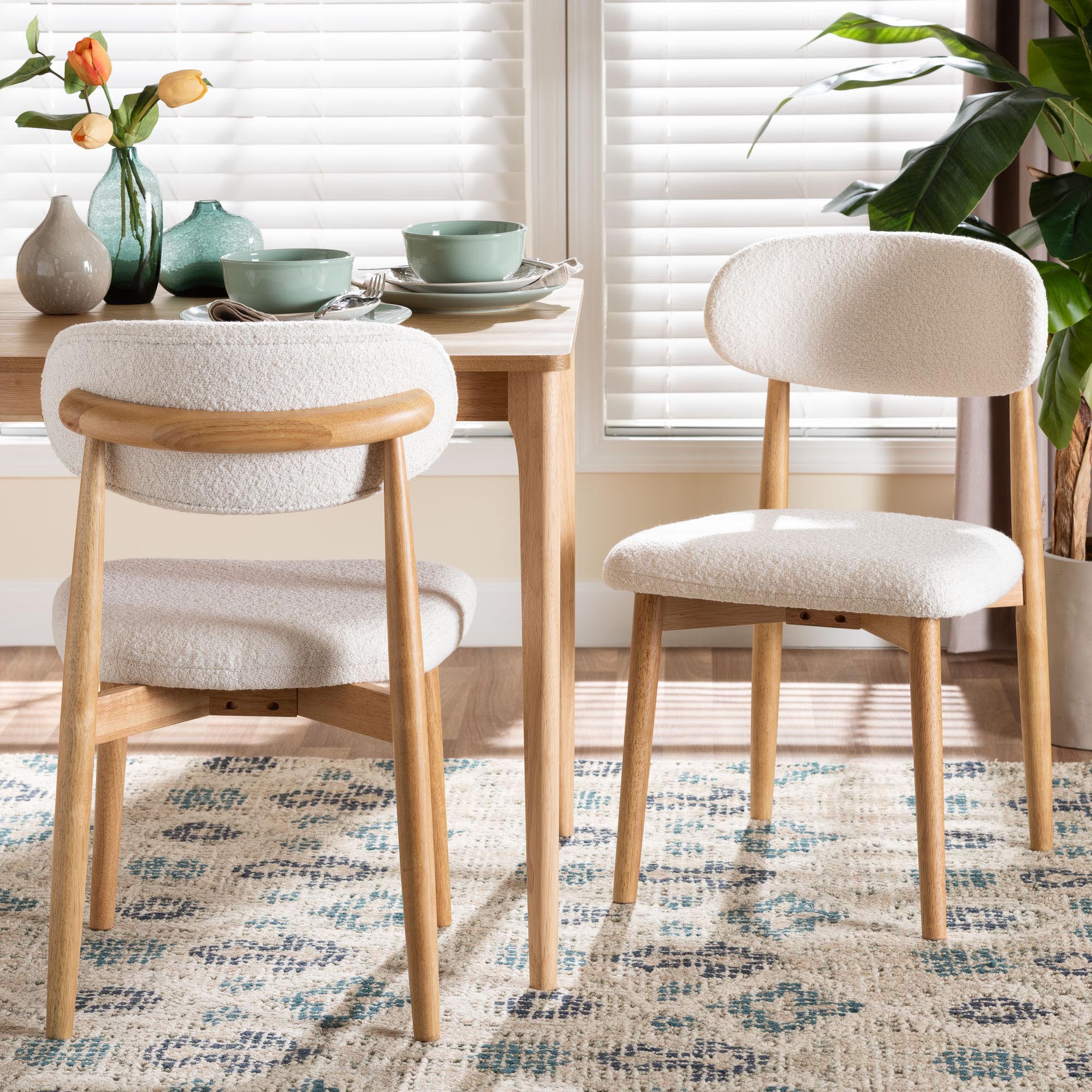 Baxton Studio Wattsu Boucle Upholstered Dining Chair Set of 2- Mid-Century Modern Side Chair with Solid Wood Frame and Rounded Backrest, Natural and White
