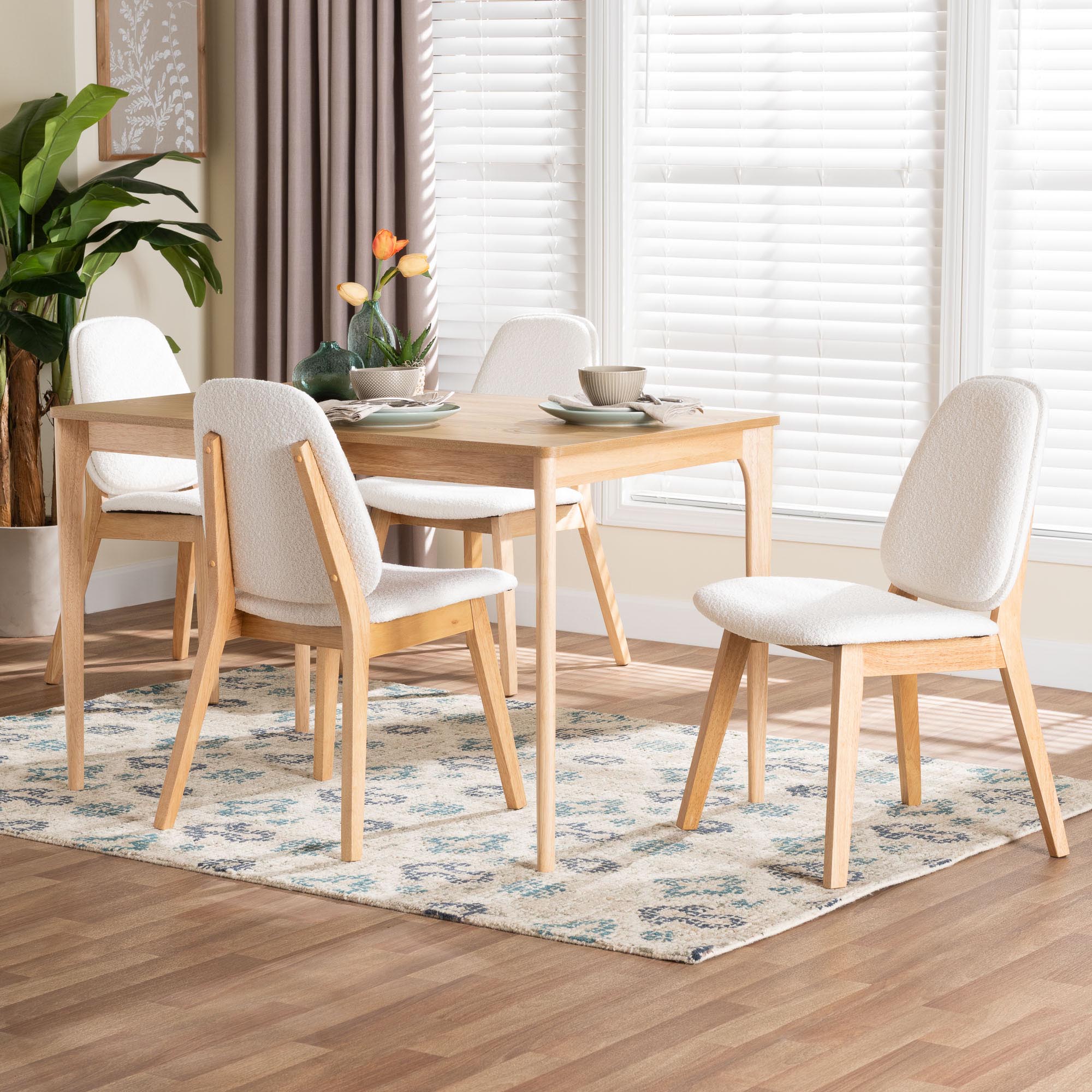 Baxton Studio Hudson 5-Piece Dining Set - Solid Wood Rectangular Table with Boucle Upholstered Chairs, Mid-Century Modern Dining Furniture for Kitchen or Dining Room, Natural and White