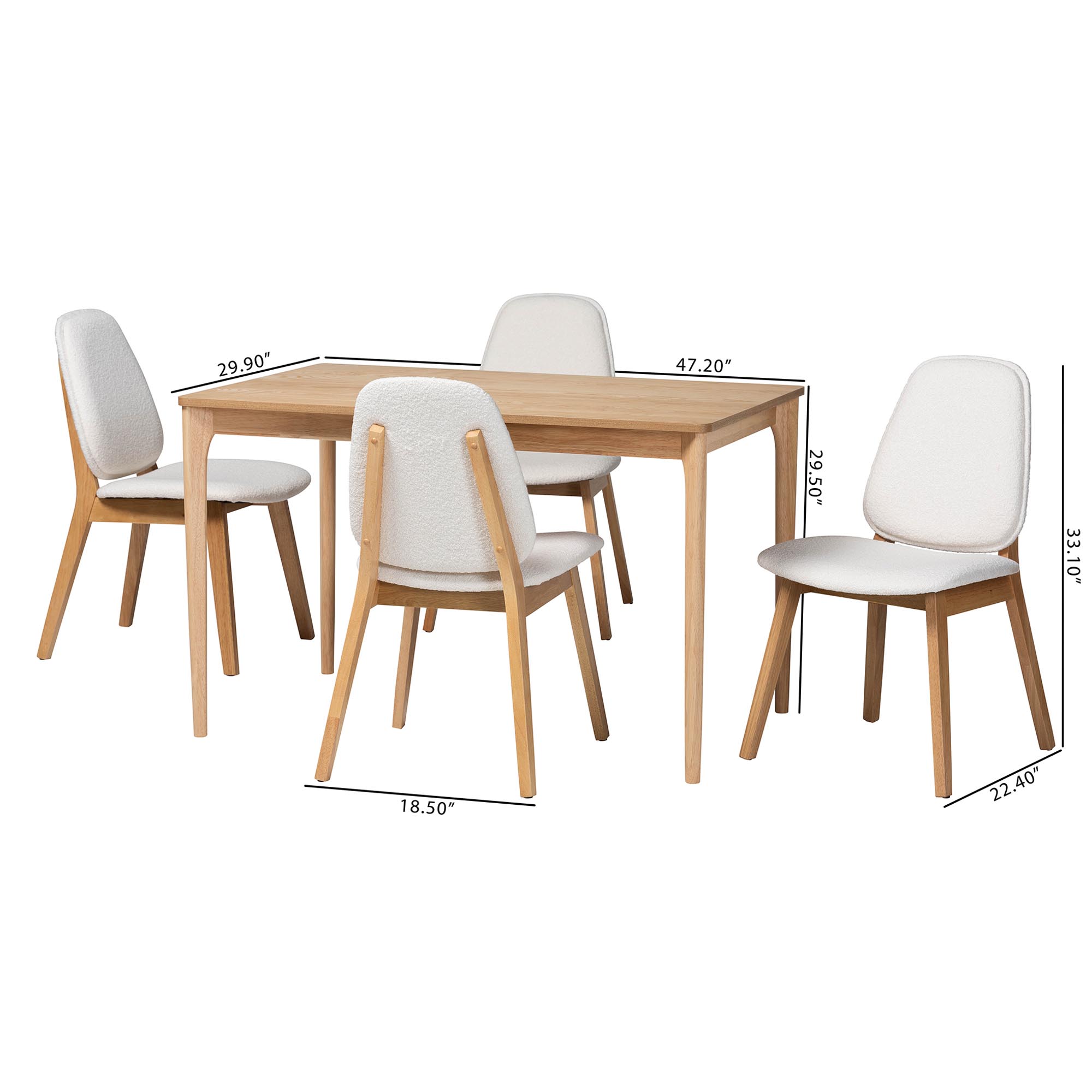 Baxton Studio Hudson 5-Piece Dining Set - Solid Wood Rectangular Table with Boucle Upholstered Chairs, Mid-Century Modern Dining Furniture for Kitchen or Dining Room, Natural and White