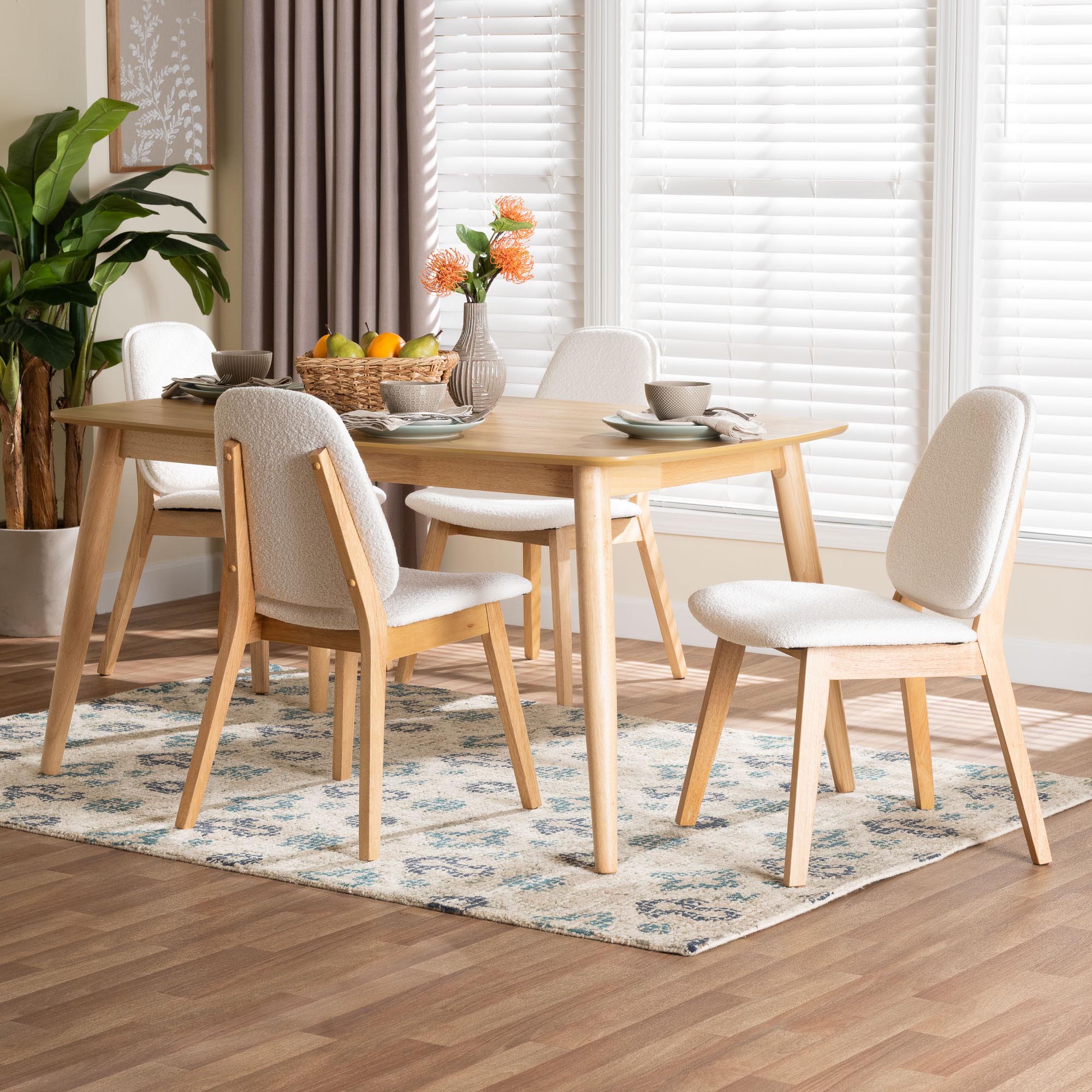 Baxton Studio Jennica 5-Piece Dining Set - Solid Wood Rectangular Table with Boucle Upholstered Chairs, Mid-Century Modern Dining Furniture for Kitchen or Dining Room, Natural and White