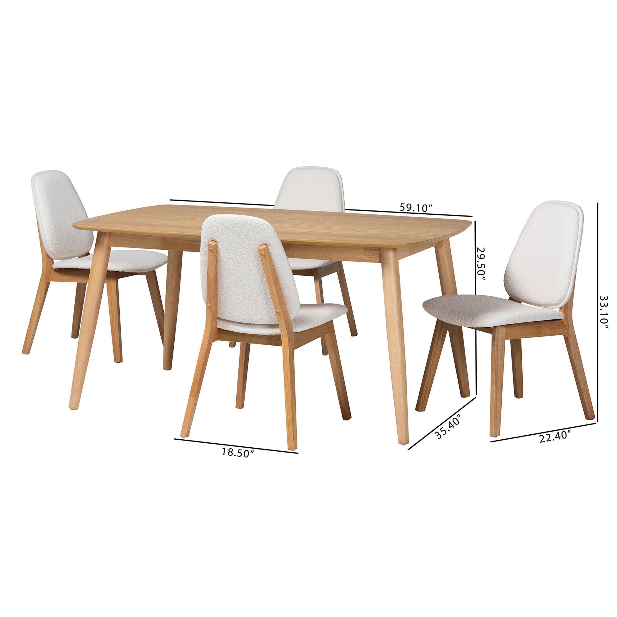 Baxton Studio Jennica 5-Piece Dining Set - Solid Wood Rectangular Table with Boucle Upholstered Chairs, Mid-Century Modern Dining Furniture for Kitchen or Dining Room, Natural and White