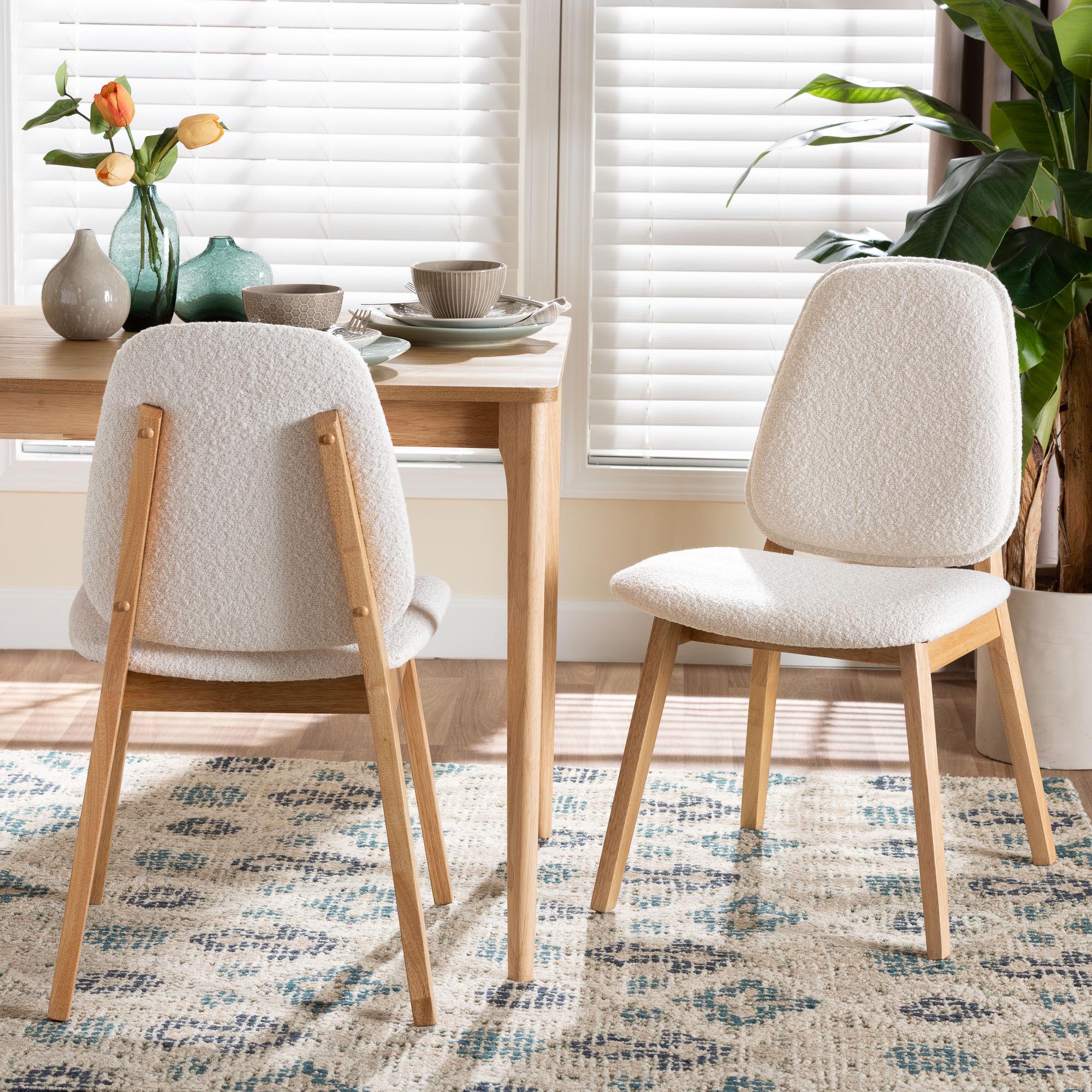 Baxton Studio Hudson Boucle Upholstered Dining Chair Set of 2- Mid-Century Modern Side Chair with Solid Wood Frame and Rounded Backrest, Natural and White