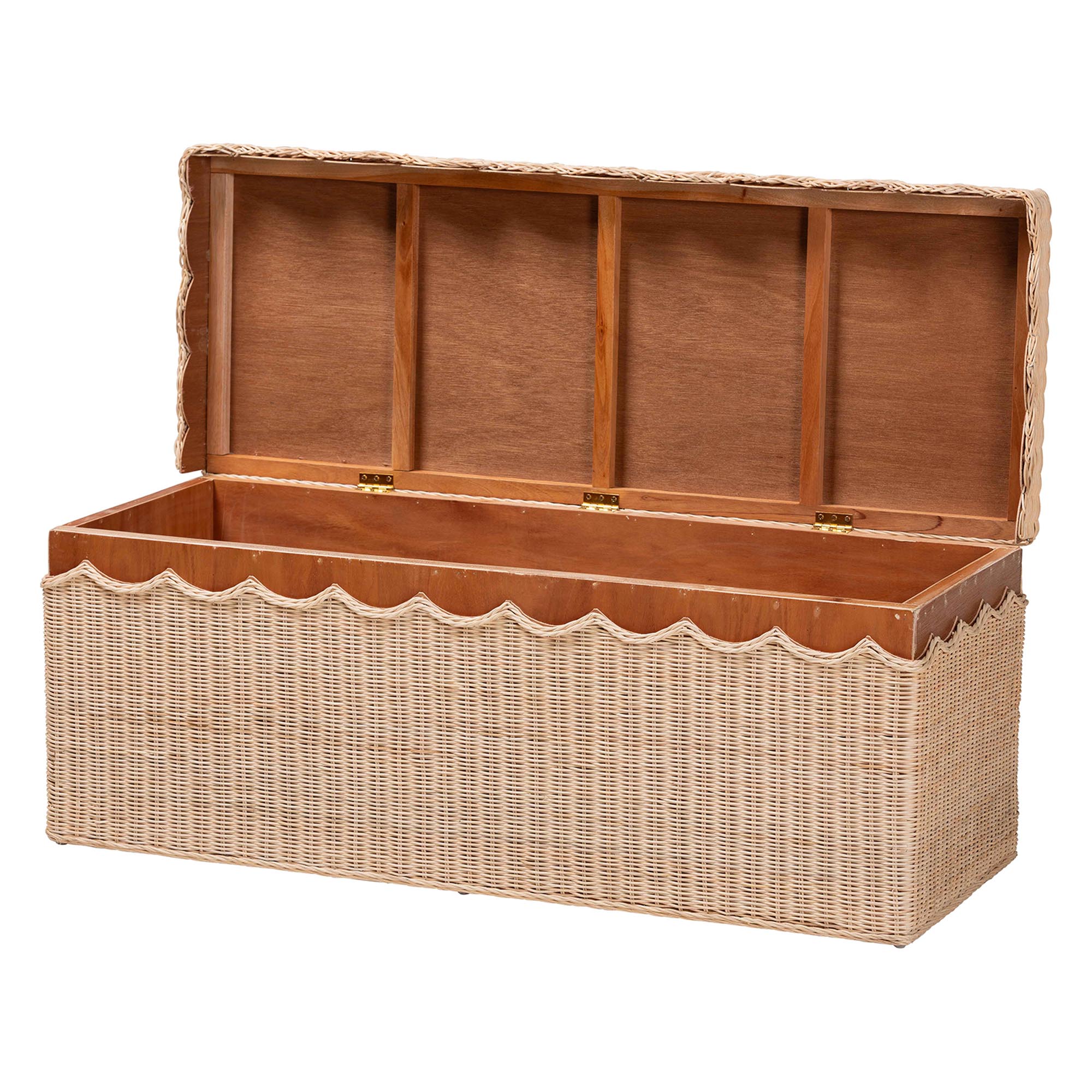 bali & pari Damita Scallop Natural Rattan Chest with Lift -top Lid - Coastal Boho Style Storage Bench for Bedroom, Entryway, or Living Room Organization