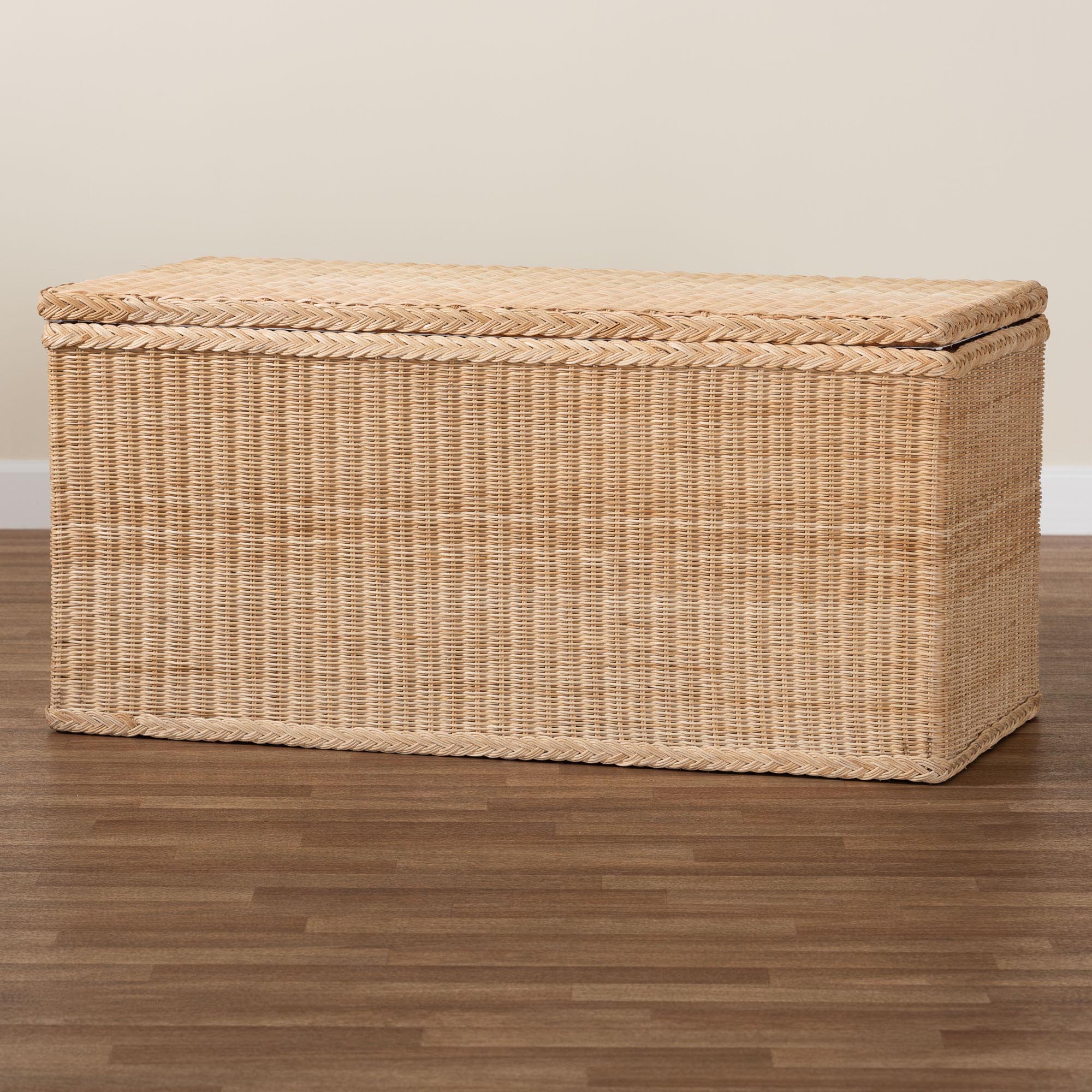 bali & pari Caden Braided Natural Rattan Chest with Lift -top Lid - Coastal Boho Style Storage Bench for Bedroom, Entryway, or Living Room Organization