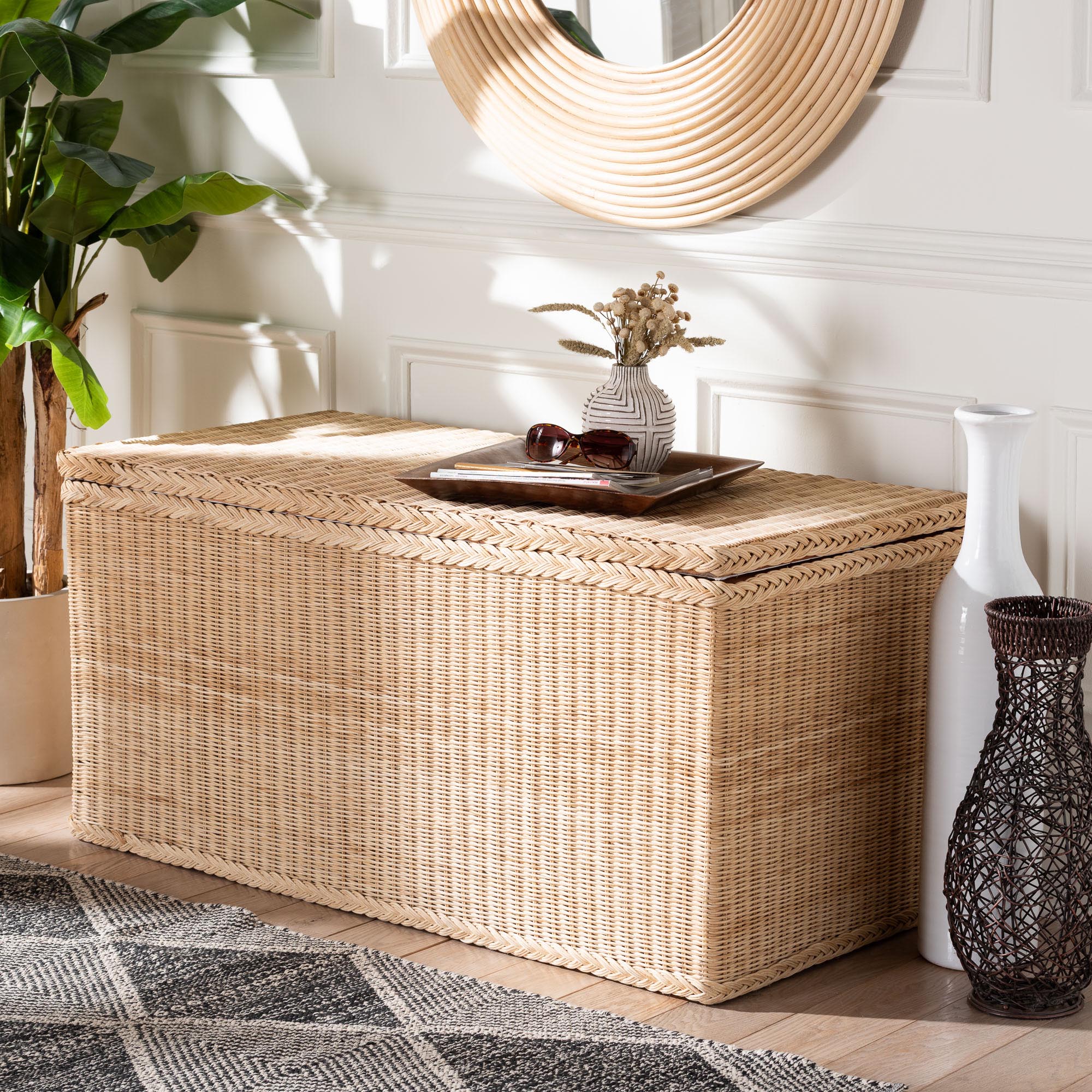 bali & pari Caden Braided Natural Rattan Chest with Lift -top Lid - Coastal Boho Style Storage Bench for Bedroom, Entryway, or Living Room Organization