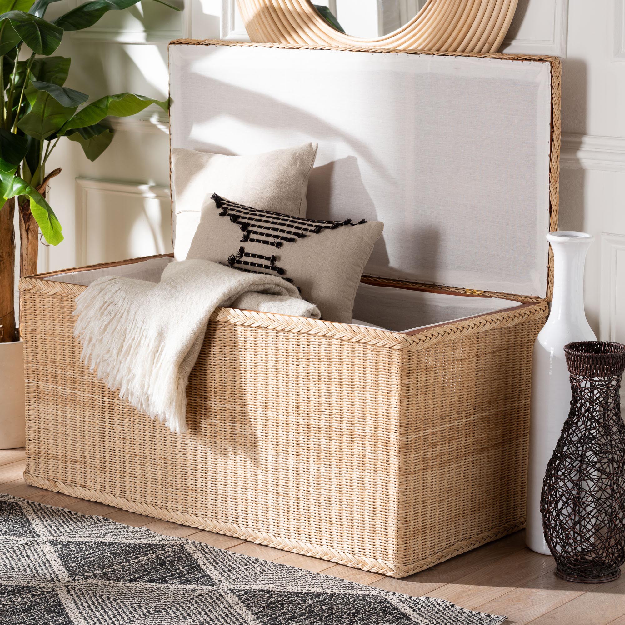 bali & pari Caden Braided Natural Rattan Chest with Lift -top Lid - Coastal Boho Style Storage Bench for Bedroom, Entryway, or Living Room Organization