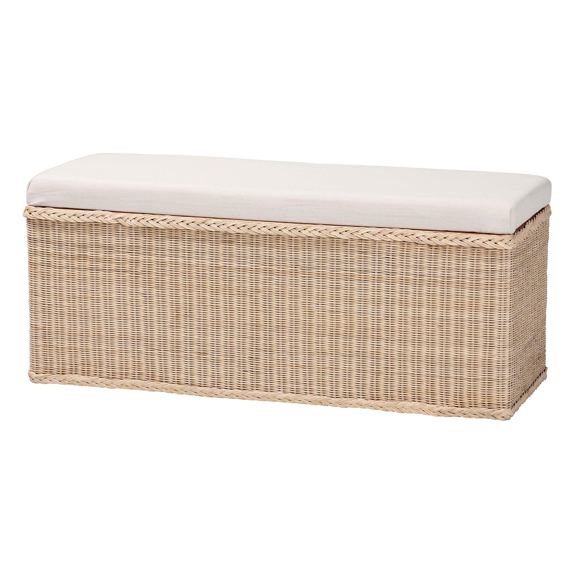 bali & pari Barid Braided Natural Rattan Storage Bench with Cushioned Lift -Top Lid - Coastal Boho Style Chest for Bedroom, Entryway, or Living Room Organization, Natural, 45" Rectangle