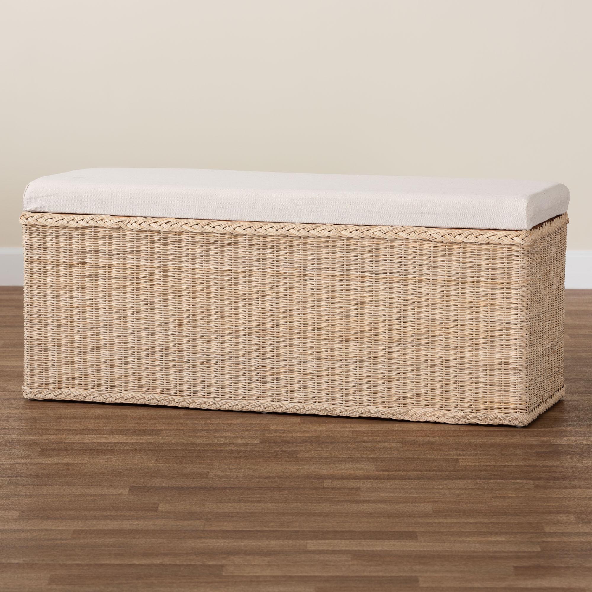 bali & pari Barid Braided Natural Rattan Storage Bench with Cushioned Lift -Top Lid - Coastal Boho Style Chest for Bedroom, Entryway, or Living Room Organization, Natural, 45" Rectangle