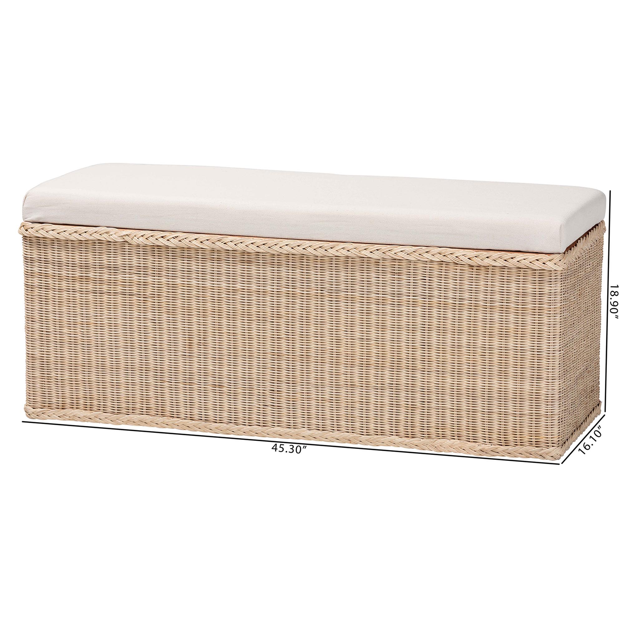 bali & pari Barid Braided Natural Rattan Storage Bench with Cushioned Lift -Top Lid - Coastal Boho Style Chest for Bedroom, Entryway, or Living Room Organization, Natural, 45" Rectangle