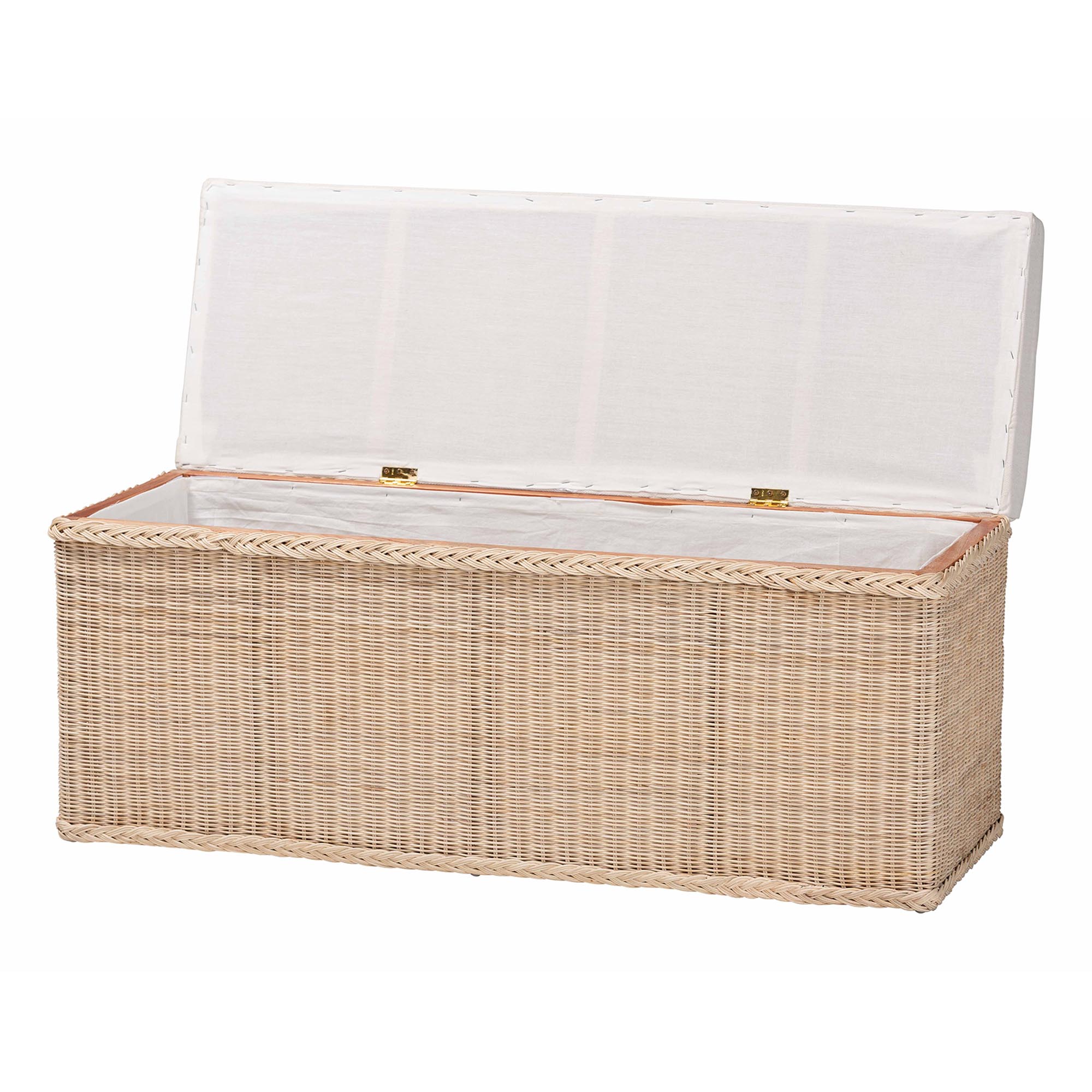 bali & pari Barid Braided Natural Rattan Storage Bench with Cushioned Lift -Top Lid - Coastal Boho Style Chest for Bedroom, Entryway, or Living Room Organization, Natural, 45" Rectangle