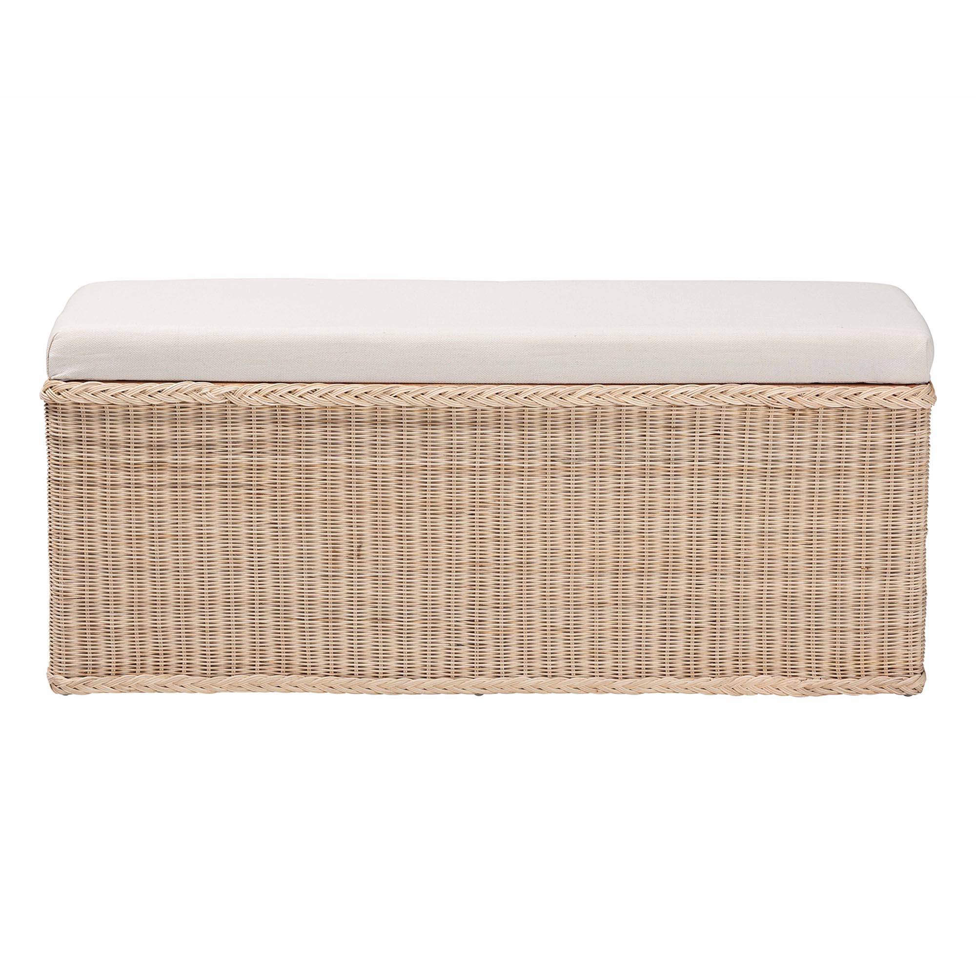 bali & pari Barid Braided Natural Rattan Storage Bench with Cushioned Lift -Top Lid - Coastal Boho Style Chest for Bedroom, Entryway, or Living Room Organization, Natural, 45" Rectangle