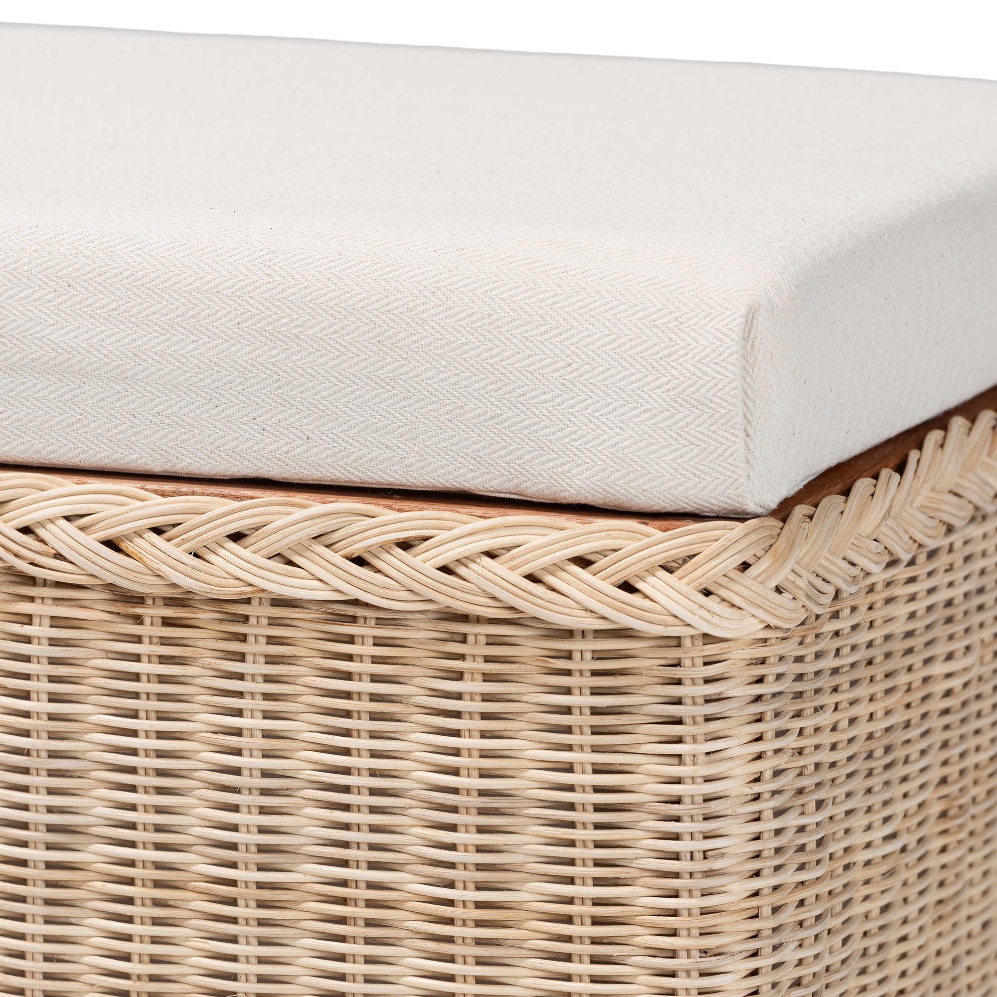 bali & pari Barid Braided Natural Rattan Storage Bench with Cushioned Lift -Top Lid - Coastal Boho Style Chest for Bedroom, Entryway, or Living Room Organization, Natural, 45" Rectangle