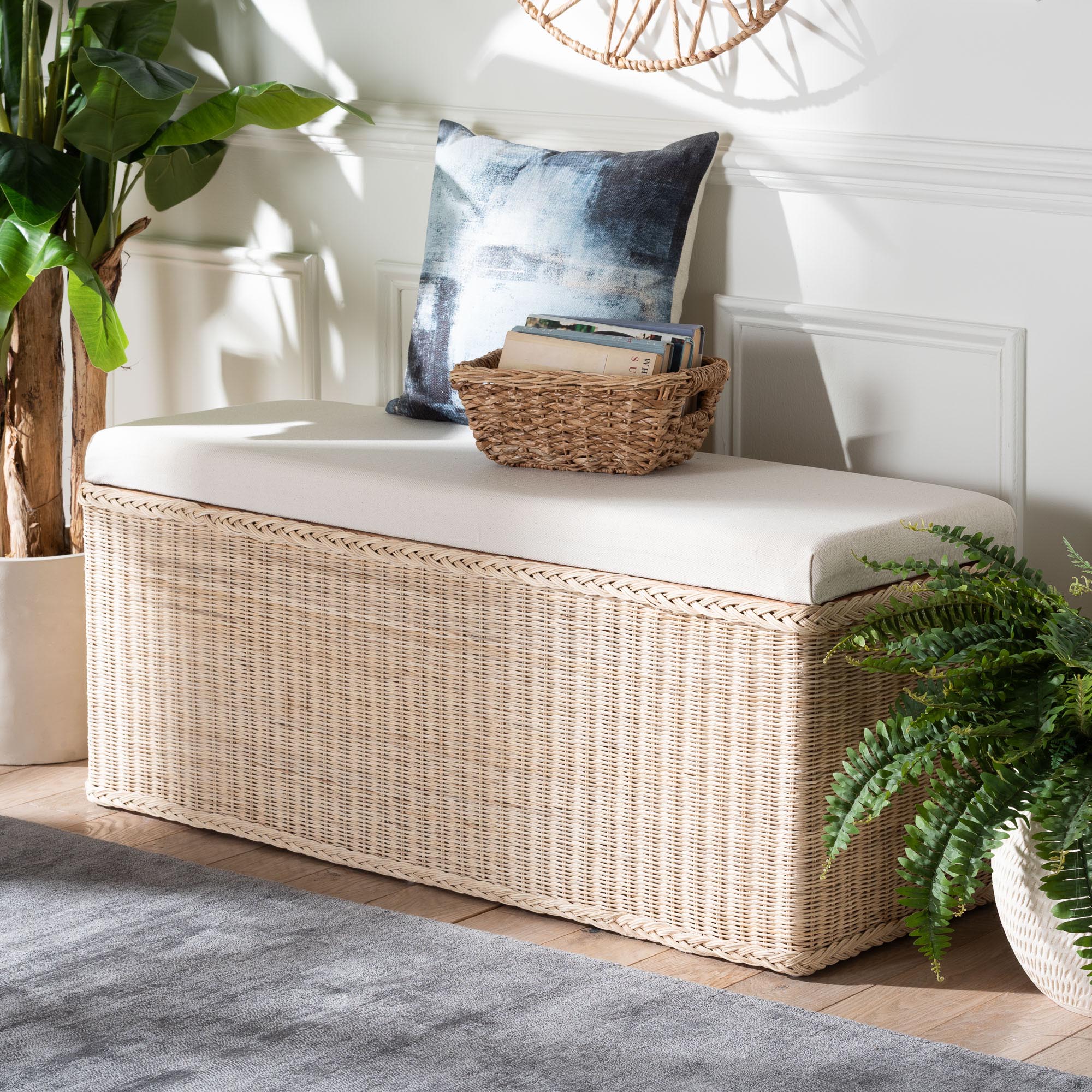 bali & pari Barid Braided Natural Rattan Storage Bench with Cushioned Lift -Top Lid - Coastal Boho Style Chest for Bedroom, Entryway, or Living Room Organization, Natural, 45" Rectangle