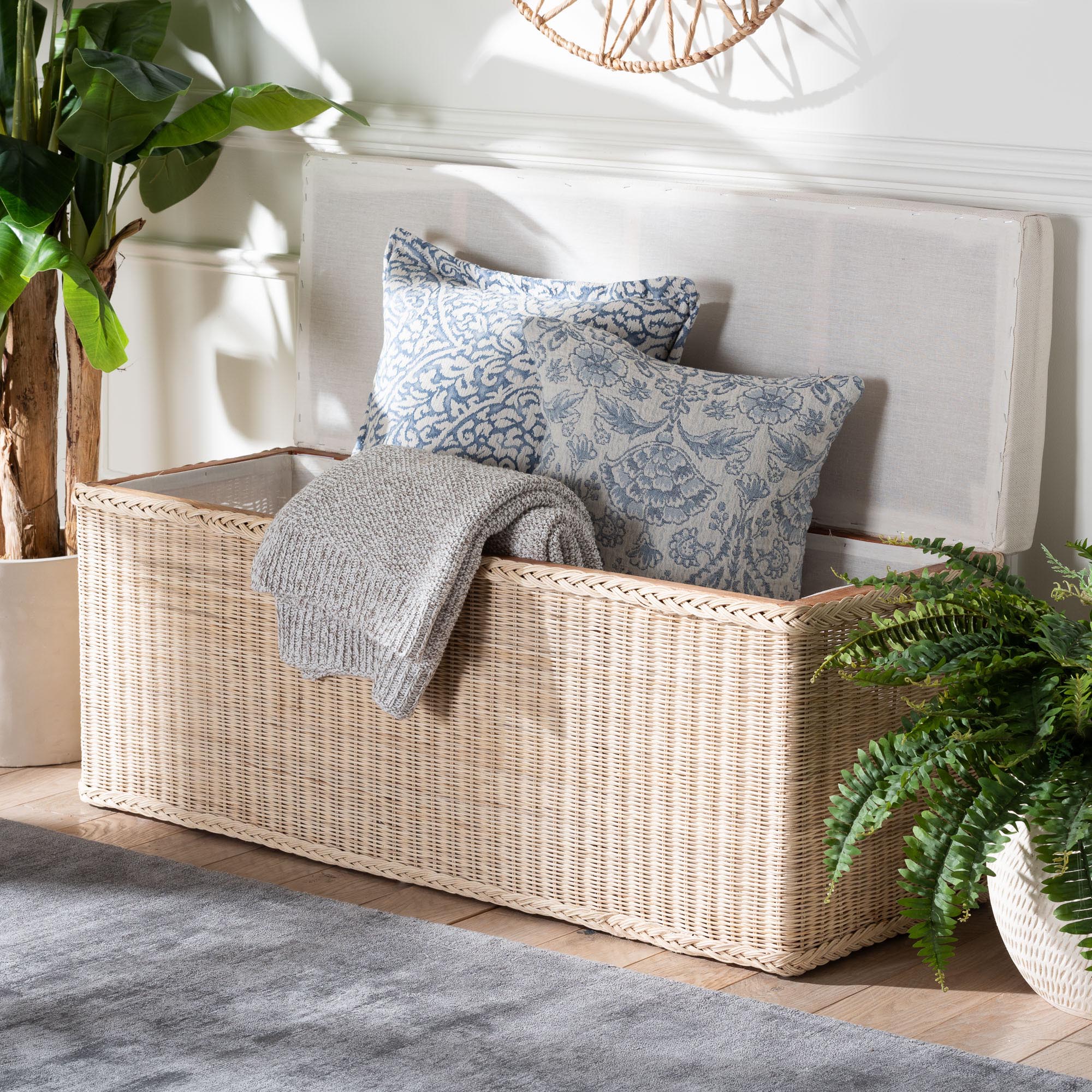 bali & pari Barid Braided Natural Rattan Storage Bench with Cushioned Lift -Top Lid - Coastal Boho Style Chest for Bedroom, Entryway, or Living Room Organization, Natural, 45" Rectangle