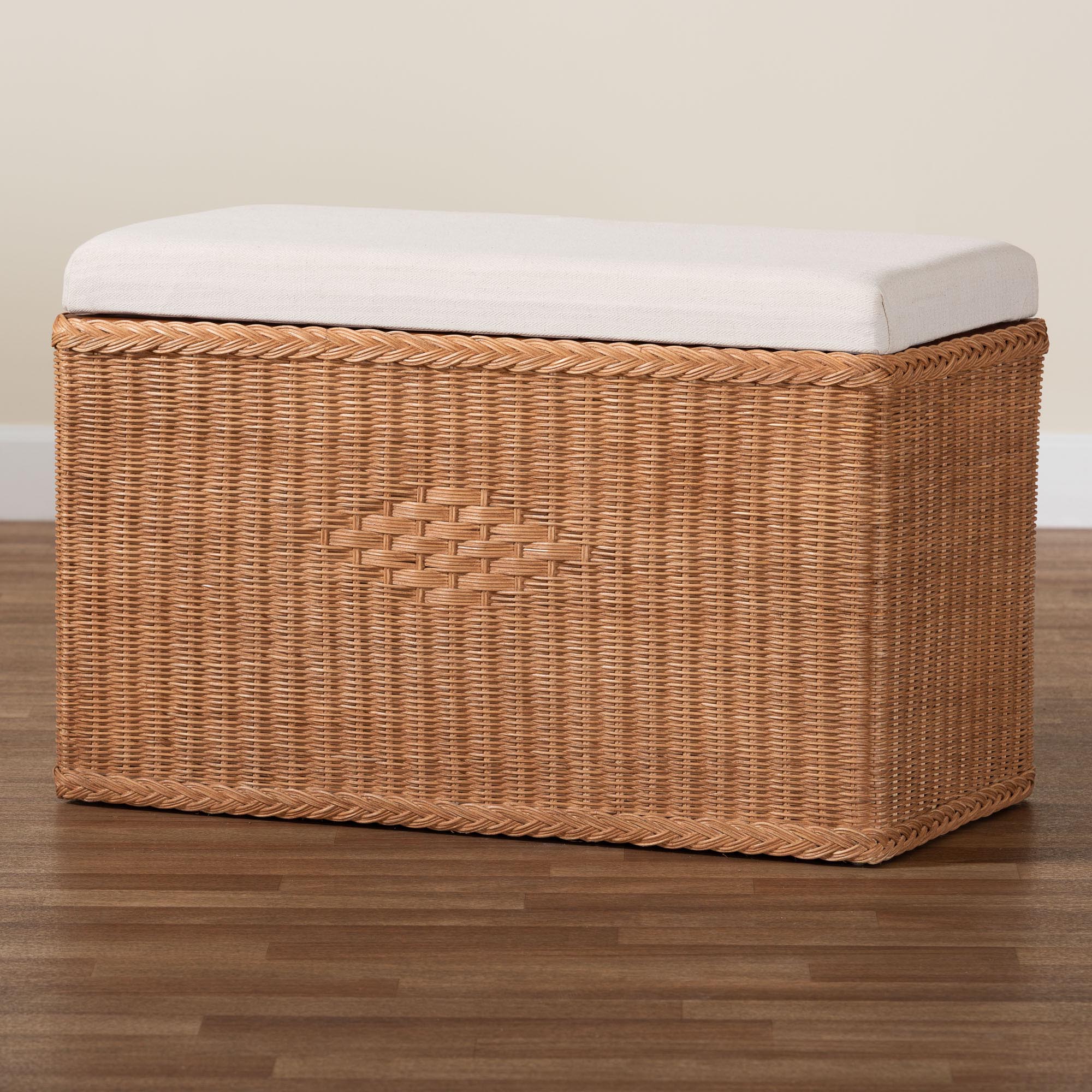 bali & pari Eamon Braided Natural Rattan Storage Bench with Cushioned Lift -Top Lid - Coastal Boho Style Chest for Bedroom, Entryway, or Living Room Organization, 31" Rectangle, Brown