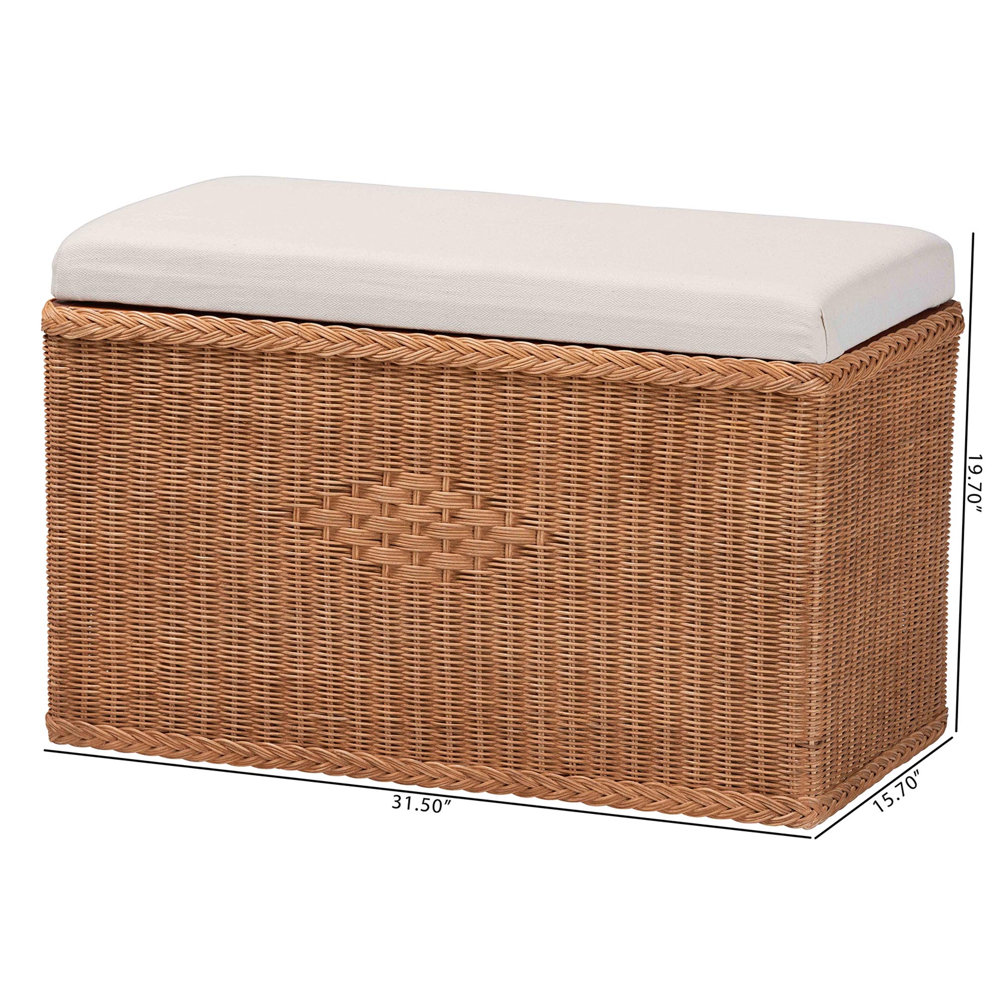 bali & pari Eamon Braided Natural Rattan Storage Bench with Cushioned Lift -Top Lid - Coastal Boho Style Chest for Bedroom, Entryway, or Living Room Organization, 31" Rectangle, Brown