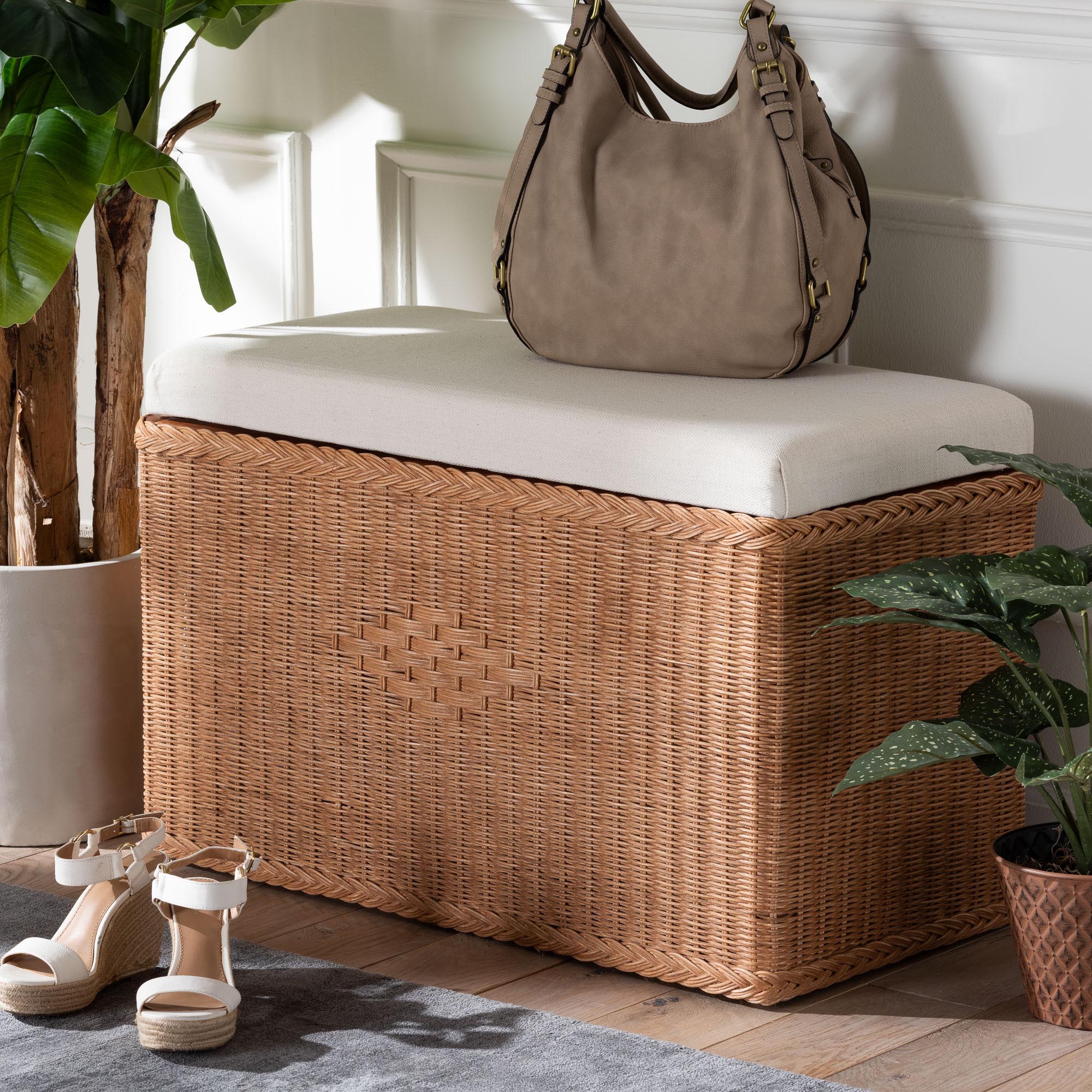 bali & pari Eamon Braided Natural Rattan Storage Bench with Cushioned Lift -Top Lid - Coastal Boho Style Chest for Bedroom, Entryway, or Living Room Organization, 31" Rectangle, Brown