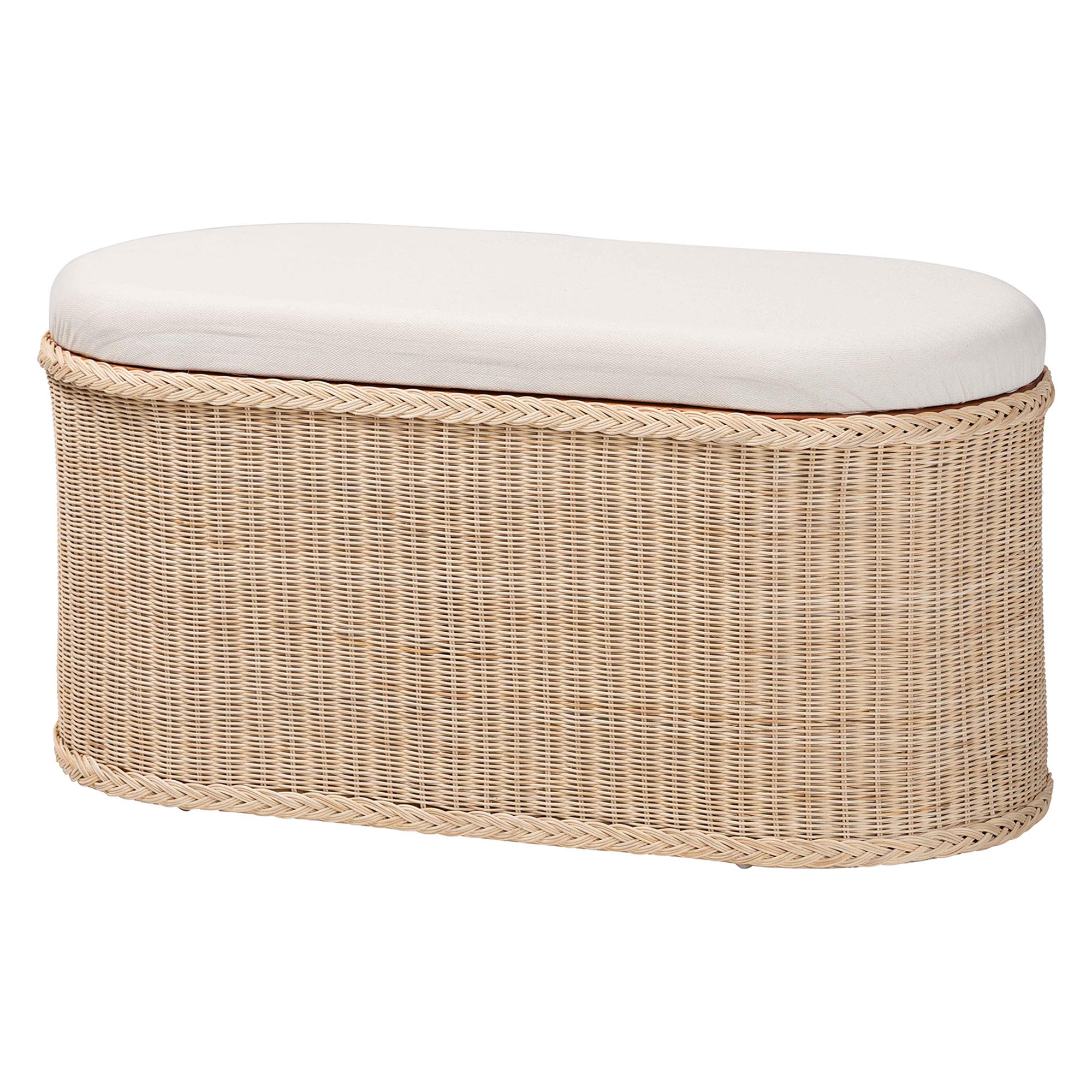 bali & pari Barid Braided Natural Rattan Storage Bench with Cushioned Lift -Top Lid - Coastal Boho Style Chest for Bedroom, Entryway, or Living Room Organization, Natural, 39" Oval
