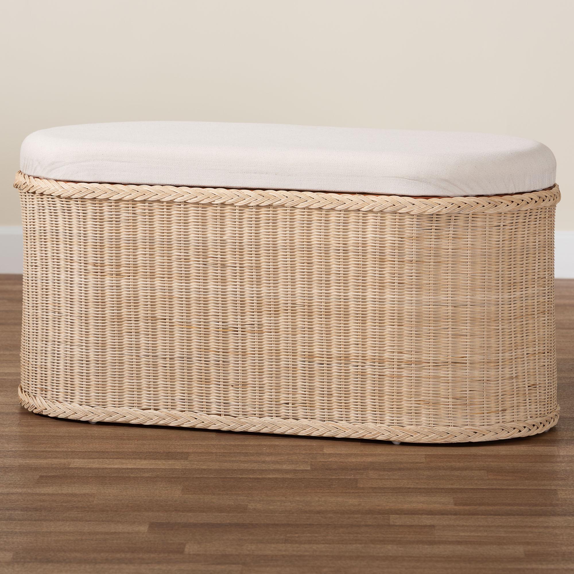 bali & pari Barid Braided Natural Rattan Storage Bench with Cushioned Lift -Top Lid - Coastal Boho Style Chest for Bedroom, Entryway, or Living Room Organization, Natural, 39" Oval
