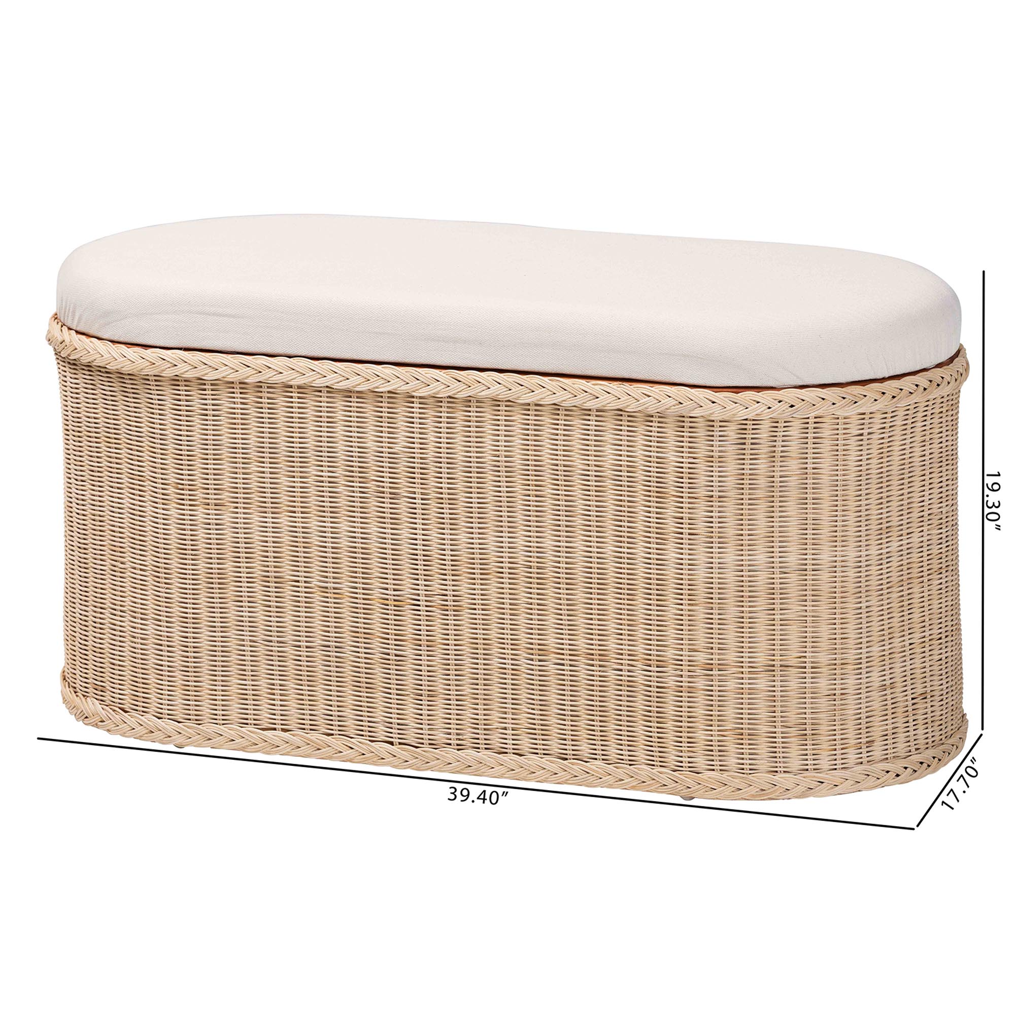 bali & pari Barid Braided Natural Rattan Storage Bench with Cushioned Lift -Top Lid - Coastal Boho Style Chest for Bedroom, Entryway, or Living Room Organization, Natural, 39" Oval