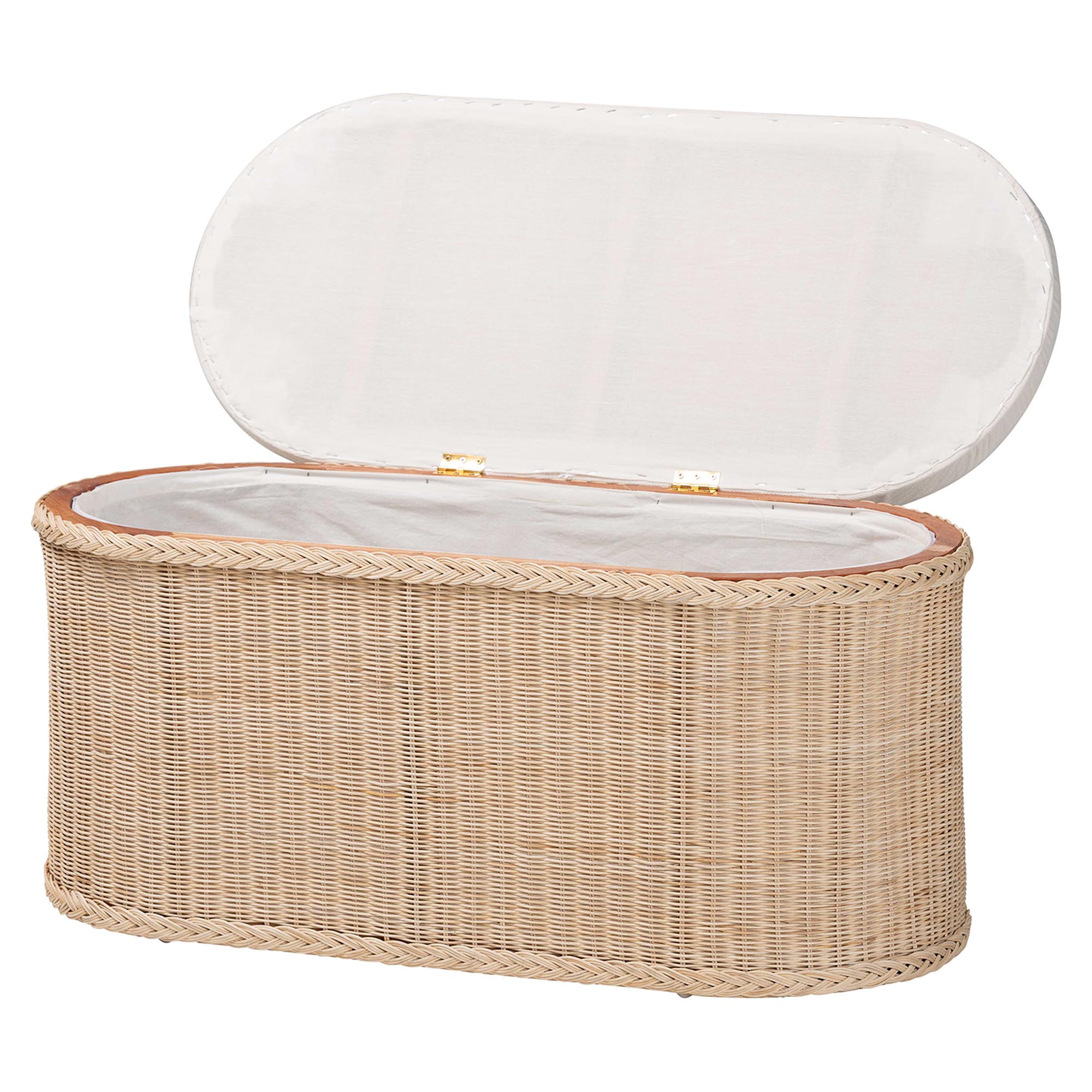 bali & pari Barid Braided Natural Rattan Storage Bench with Cushioned Lift -Top Lid - Coastal Boho Style Chest for Bedroom, Entryway, or Living Room Organization, Natural, 39" Oval