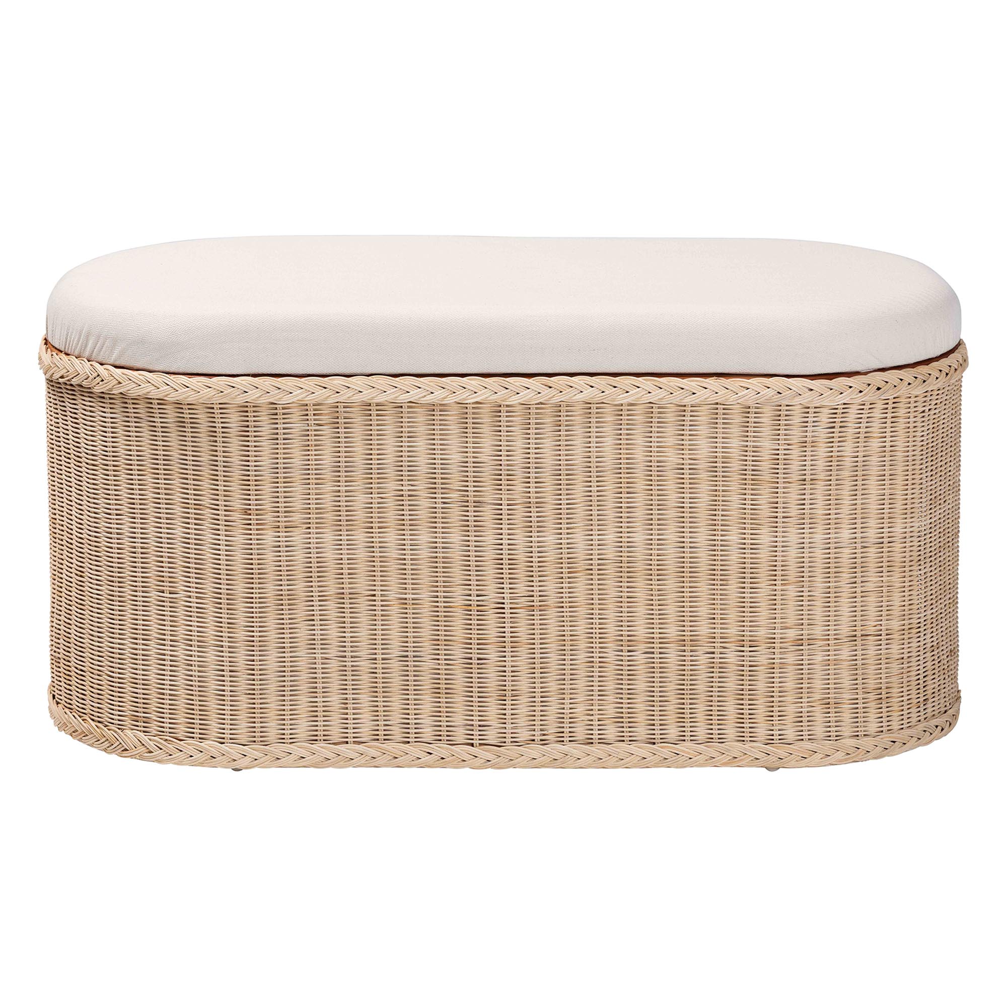 bali & pari Barid Braided Natural Rattan Storage Bench with Cushioned Lift -Top Lid - Coastal Boho Style Chest for Bedroom, Entryway, or Living Room Organization, Natural, 39" Oval
