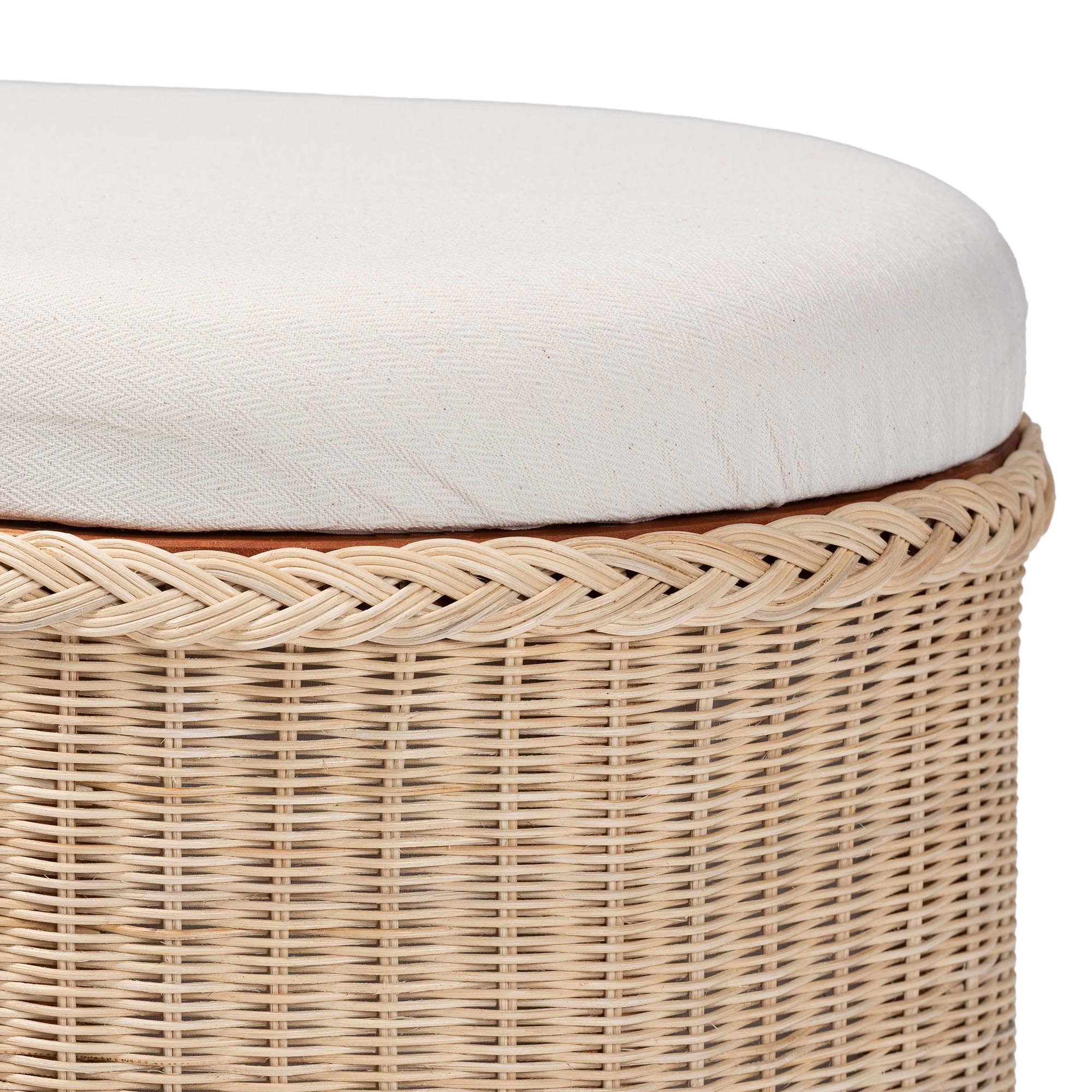bali & pari Barid Braided Natural Rattan Storage Bench with Cushioned Lift -Top Lid - Coastal Boho Style Chest for Bedroom, Entryway, or Living Room Organization, Natural, 39" Oval