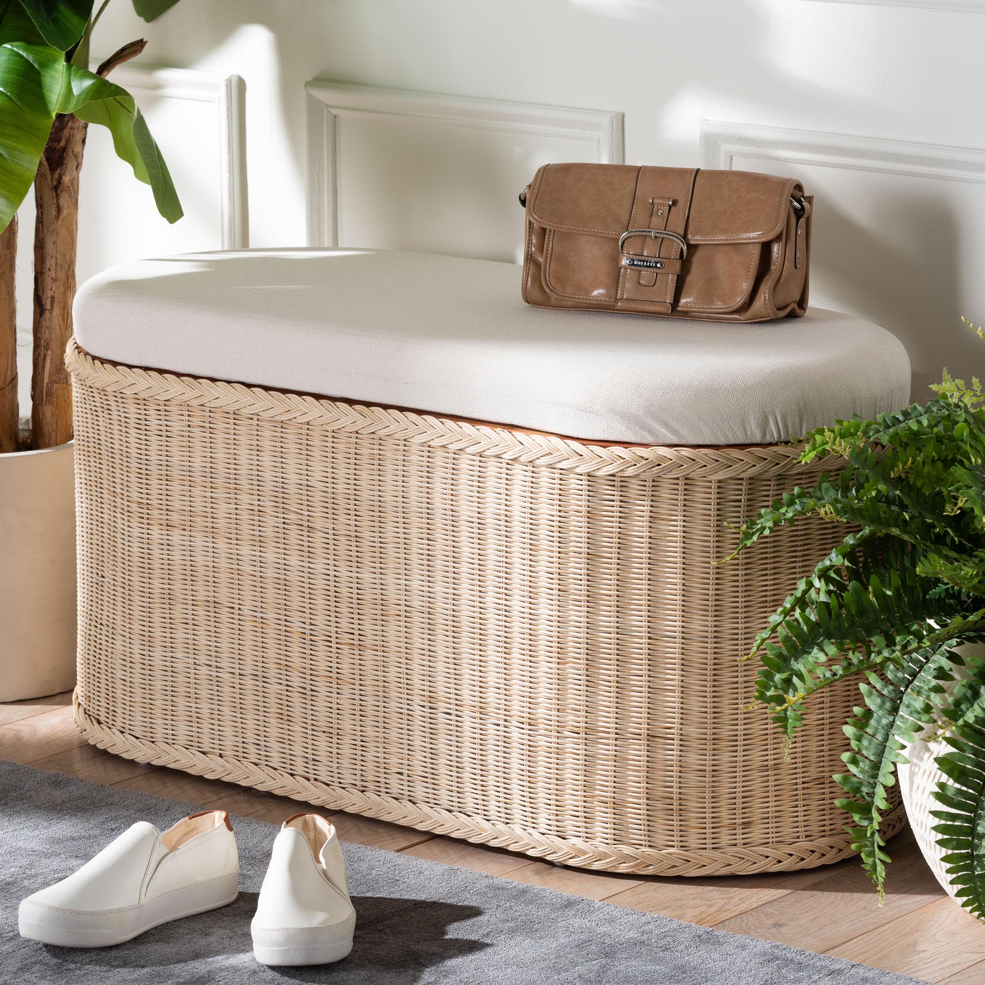 bali & pari Barid Braided Natural Rattan Storage Bench with Cushioned Lift -Top Lid - Coastal Boho Style Chest for Bedroom, Entryway, or Living Room Organization, Natural, 39" Oval
