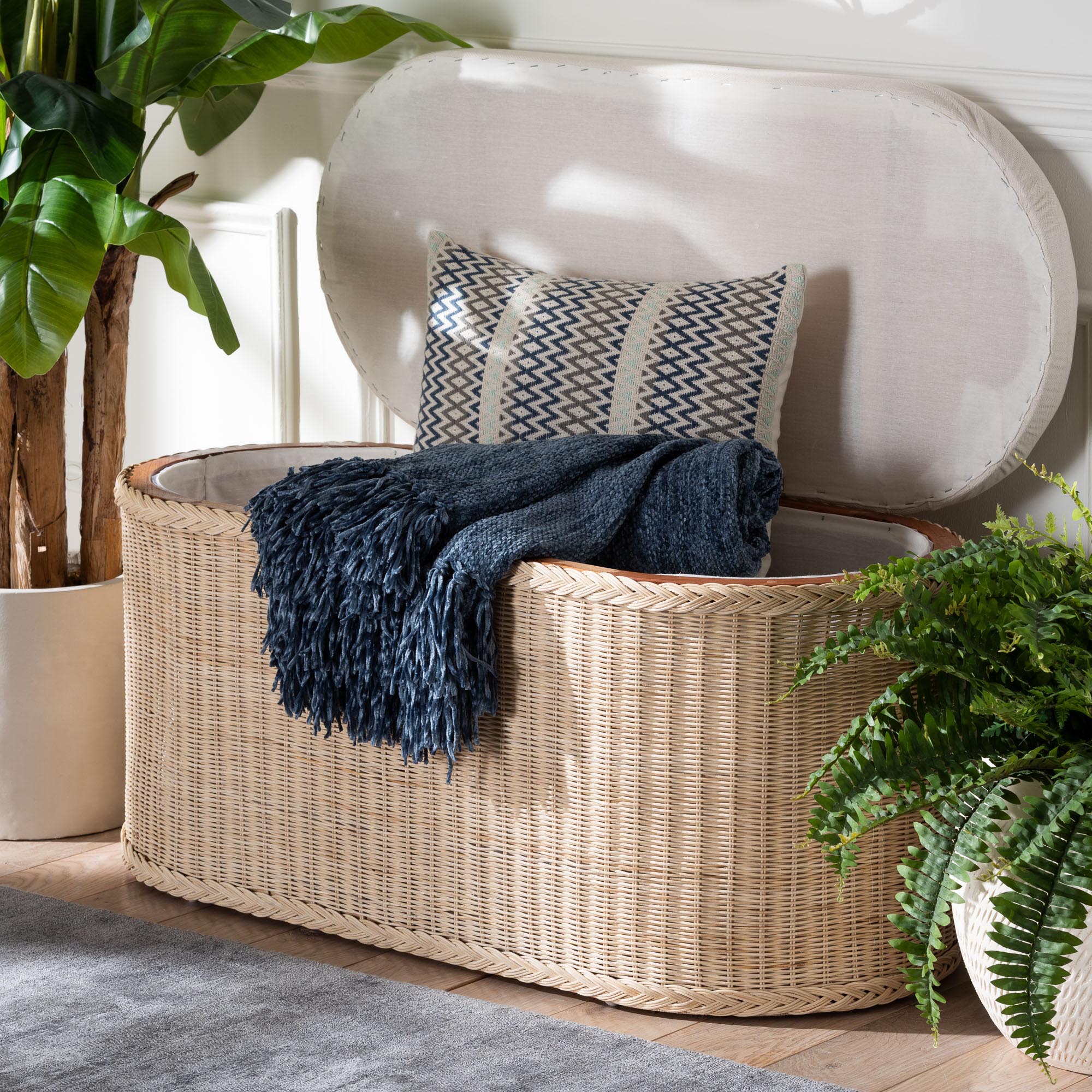 bali & pari Barid Braided Natural Rattan Storage Bench with Cushioned Lift -Top Lid - Coastal Boho Style Chest for Bedroom, Entryway, or Living Room Organization, Natural, 39" Oval
