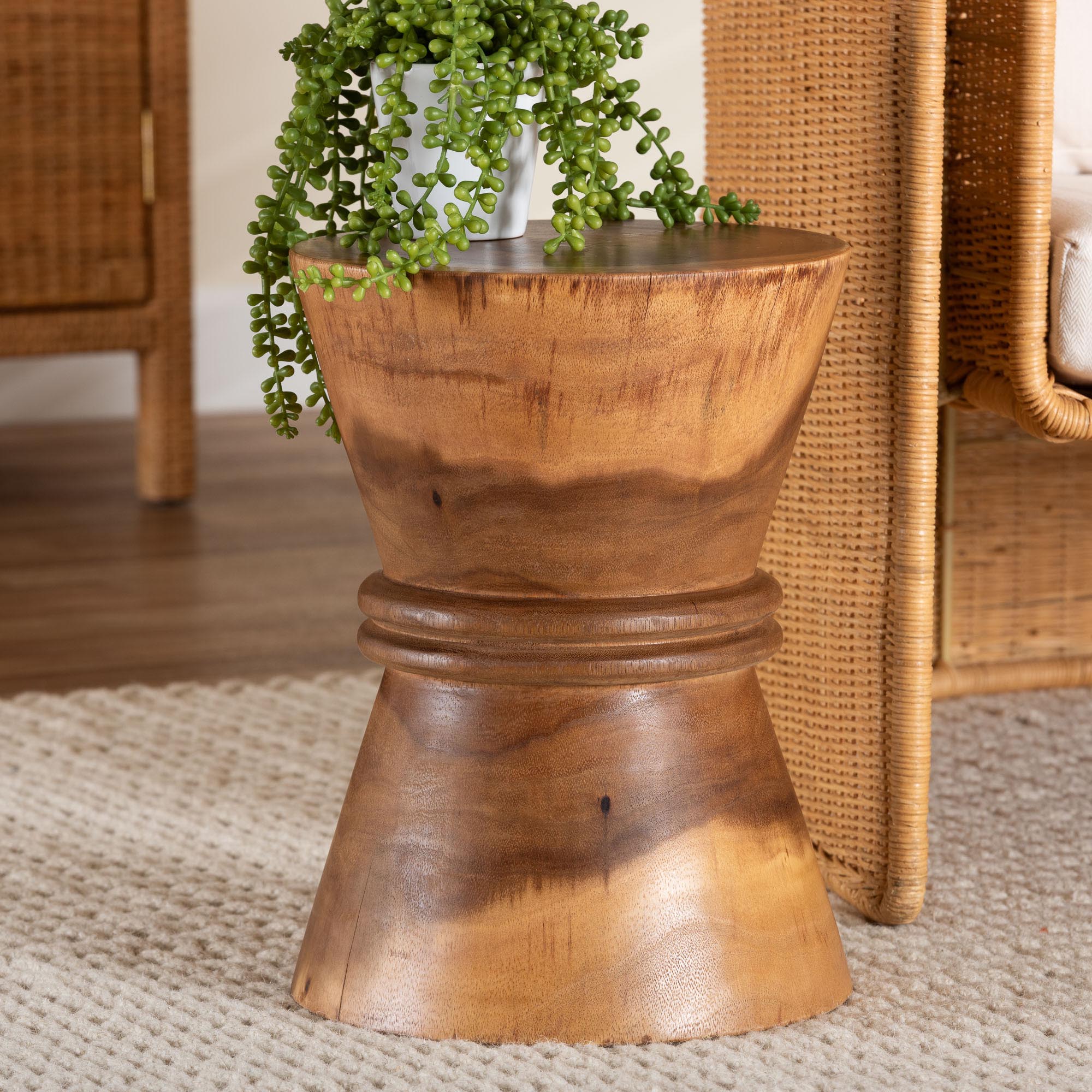 bali & pari Samira Solid Suar Wood Side Table - Handcrafted Sculptural End Table with Hourglass Design, Modern Boho Style for Living Room or Bedroom