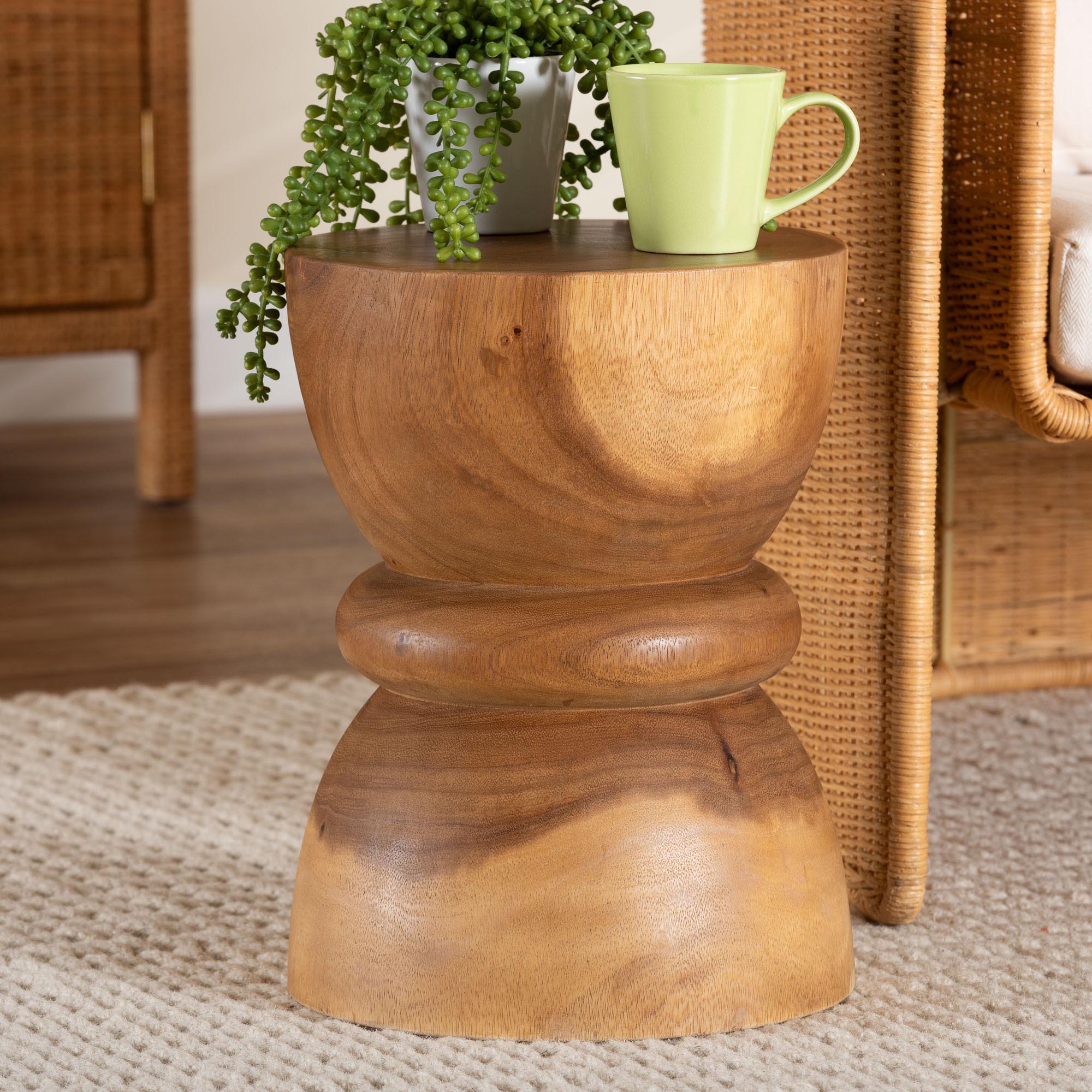 bali & pari Bancroft Solid Suar Wood Side Table - Handcrafted Sculptural End Table with Hourglass Design, Modern Boho Style for Living Room or Bedroom