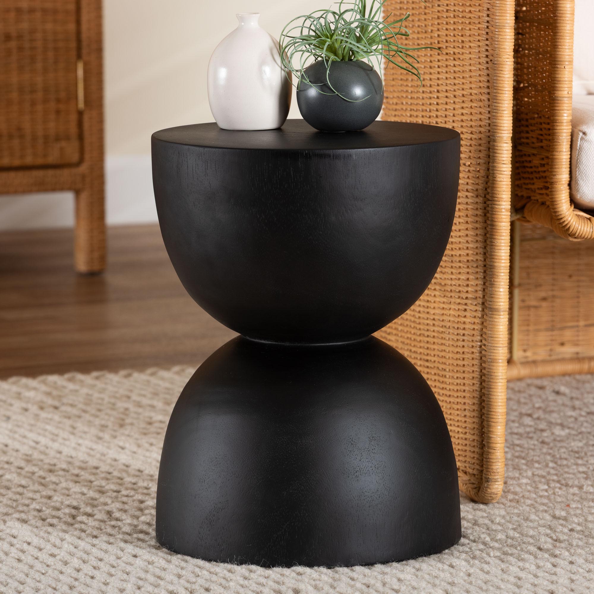 bali & pari Nomiki Solid Suar Wood Side Table - Hand-Carved Sculptural End Table with Hourglass Design, Modern Boho Style for Living Room or Bedroom