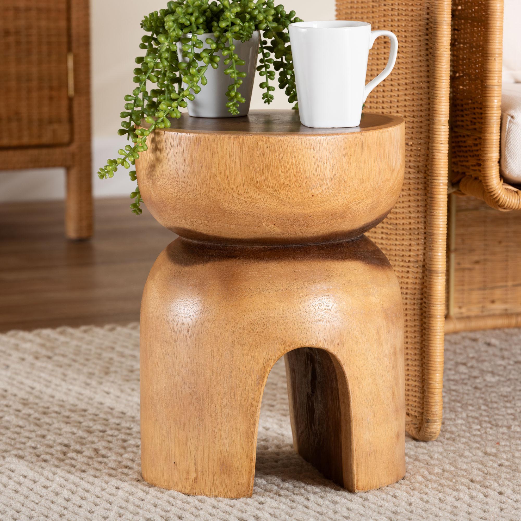 bali & pari Abrina Solid Suar Wood Side Table - Hand-Carved Sculptural End Table with Arched Base, Modern Boho Style for Living Room or Bedroom