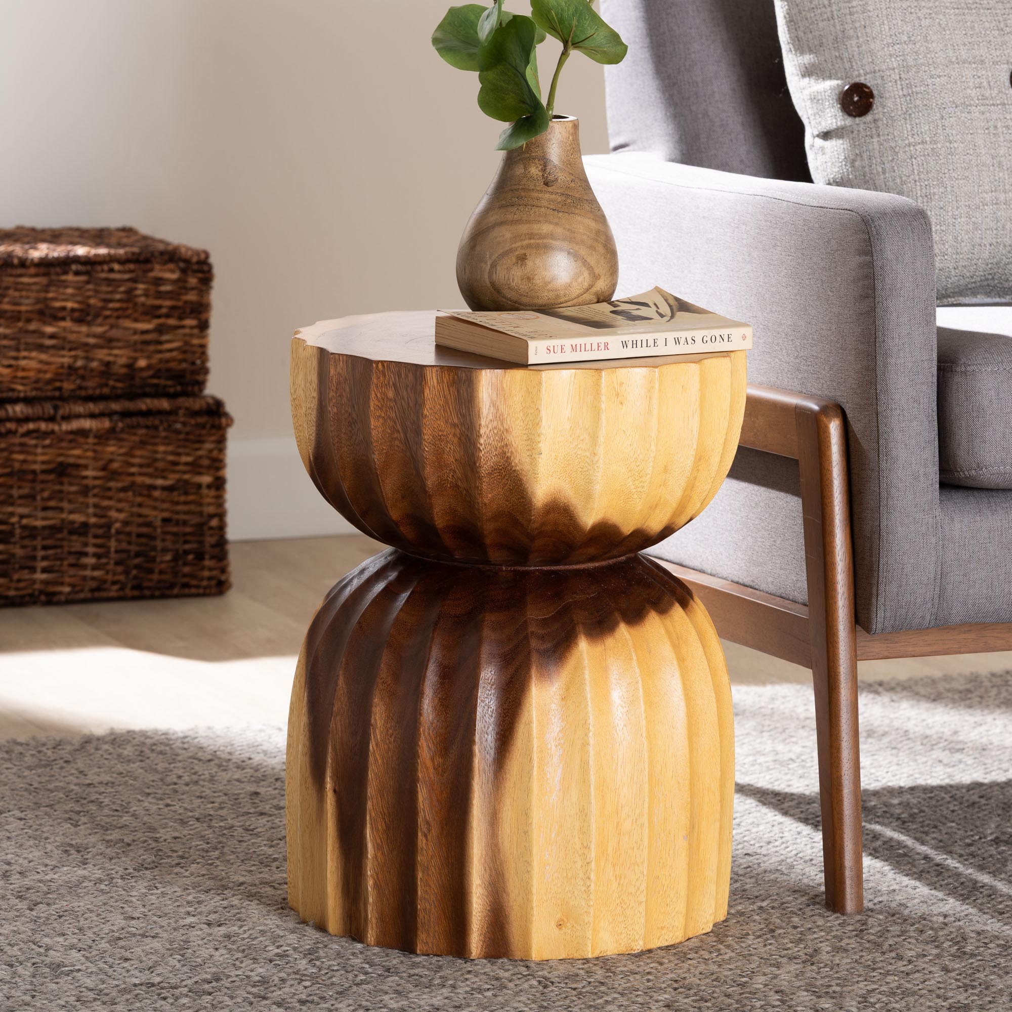 bali & pari Noleta Hand -carved Suar Wood Side Table - Sculptural Hourglass Accent Table with Natural Grain, Modern Boho Style for Living Room or Bedroom