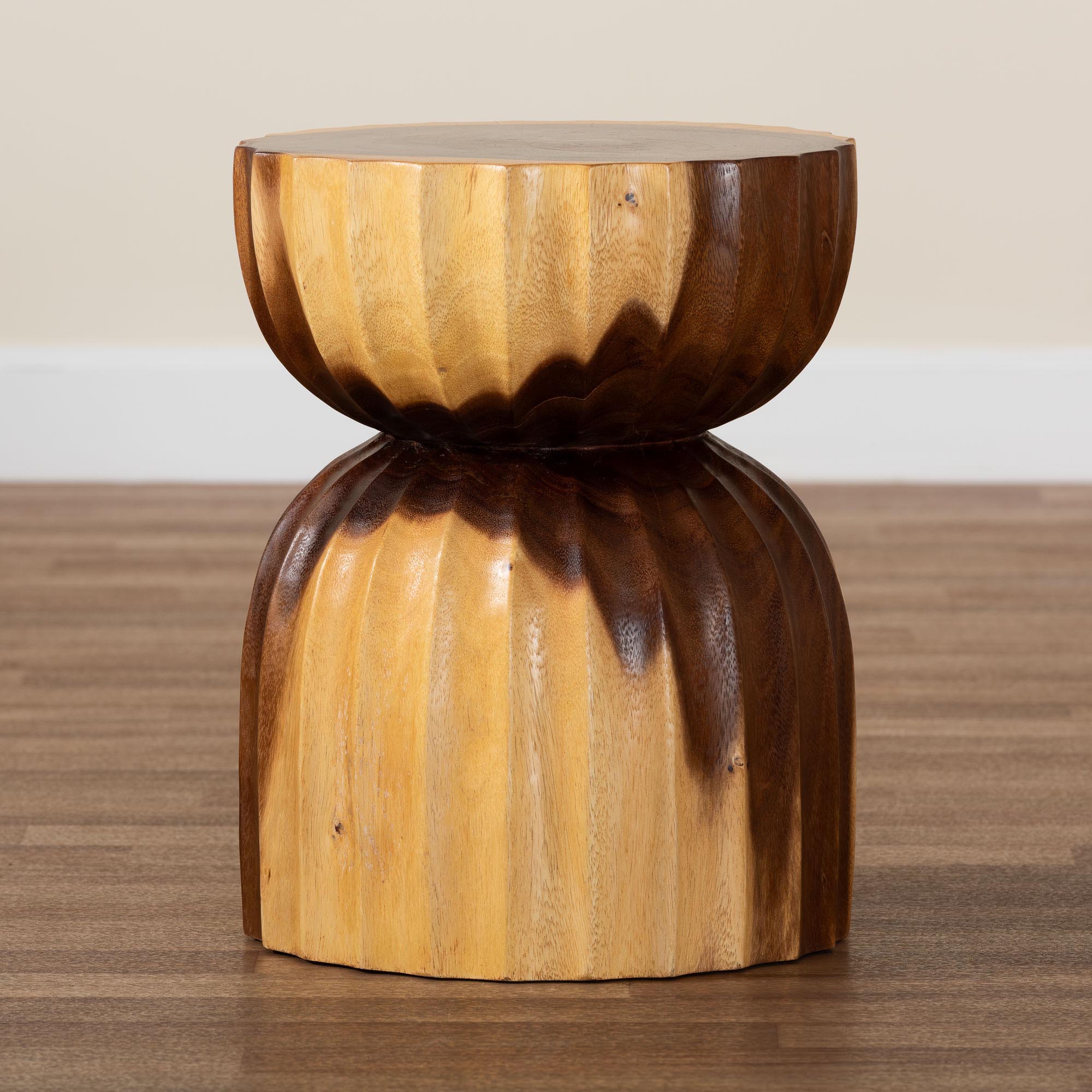 bali & pari Noleta Hand -carved Suar Wood Side Table - Sculptural Hourglass Accent Table with Natural Grain, Modern Boho Style for Living Room or Bedroom