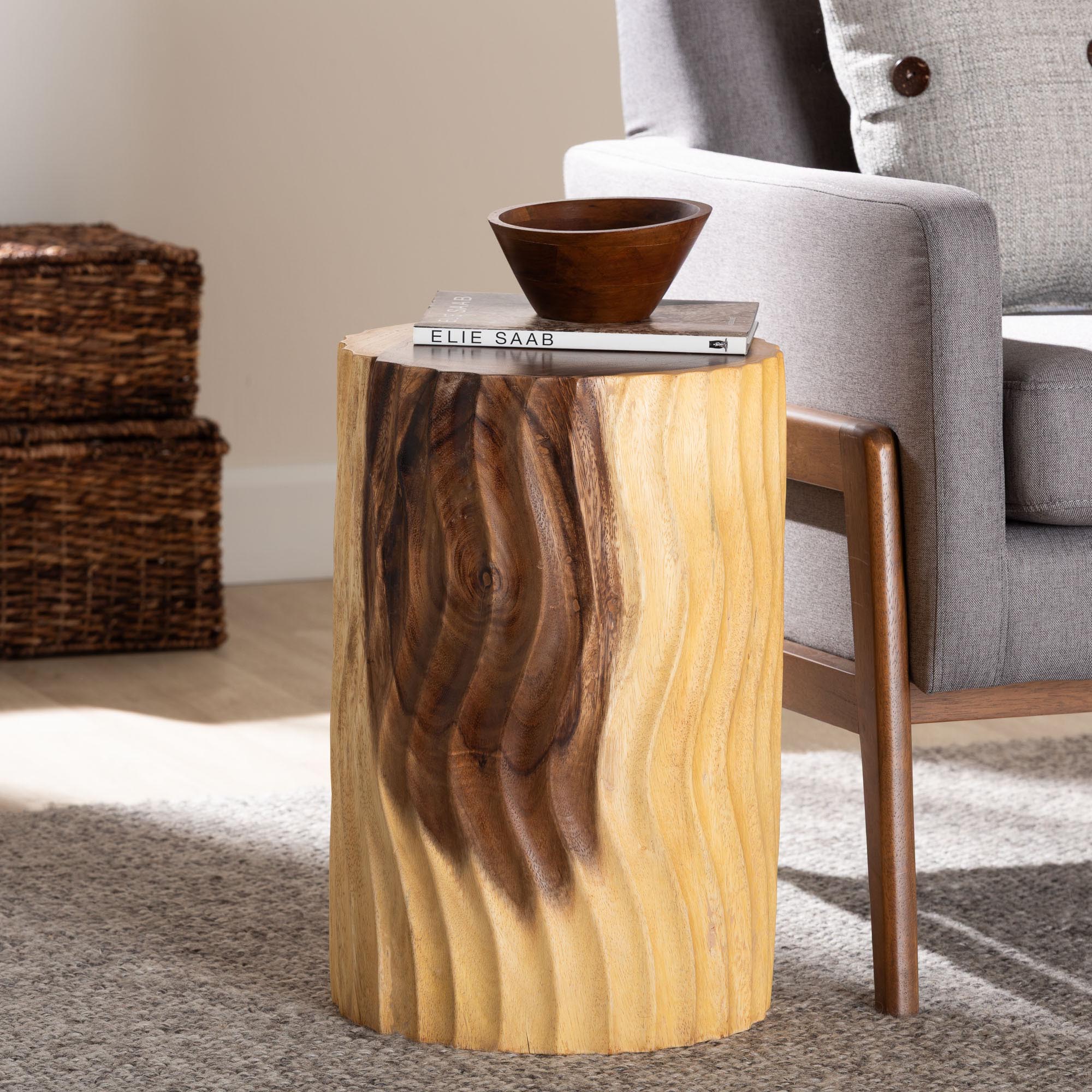 bali & pari Fuchsia Hand -carved Suar Wood Side Table - Round Sculptural Accent Table with Wave Design, Modern Boho Rustic Style for Living Room or Bedroom