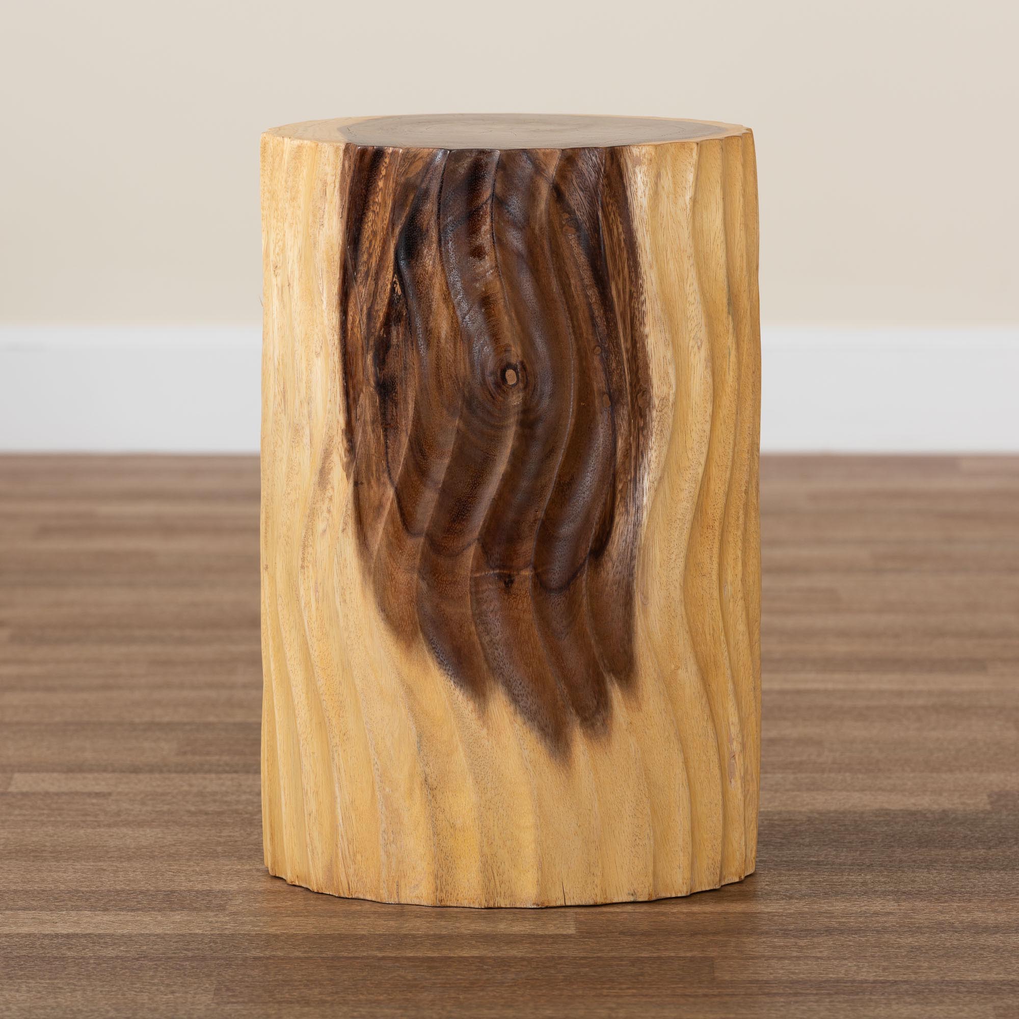 bali & pari Fuchsia Hand -carved Suar Wood Side Table - Round Sculptural Accent Table with Wave Design, Modern Boho Rustic Style for Living Room or Bedroom