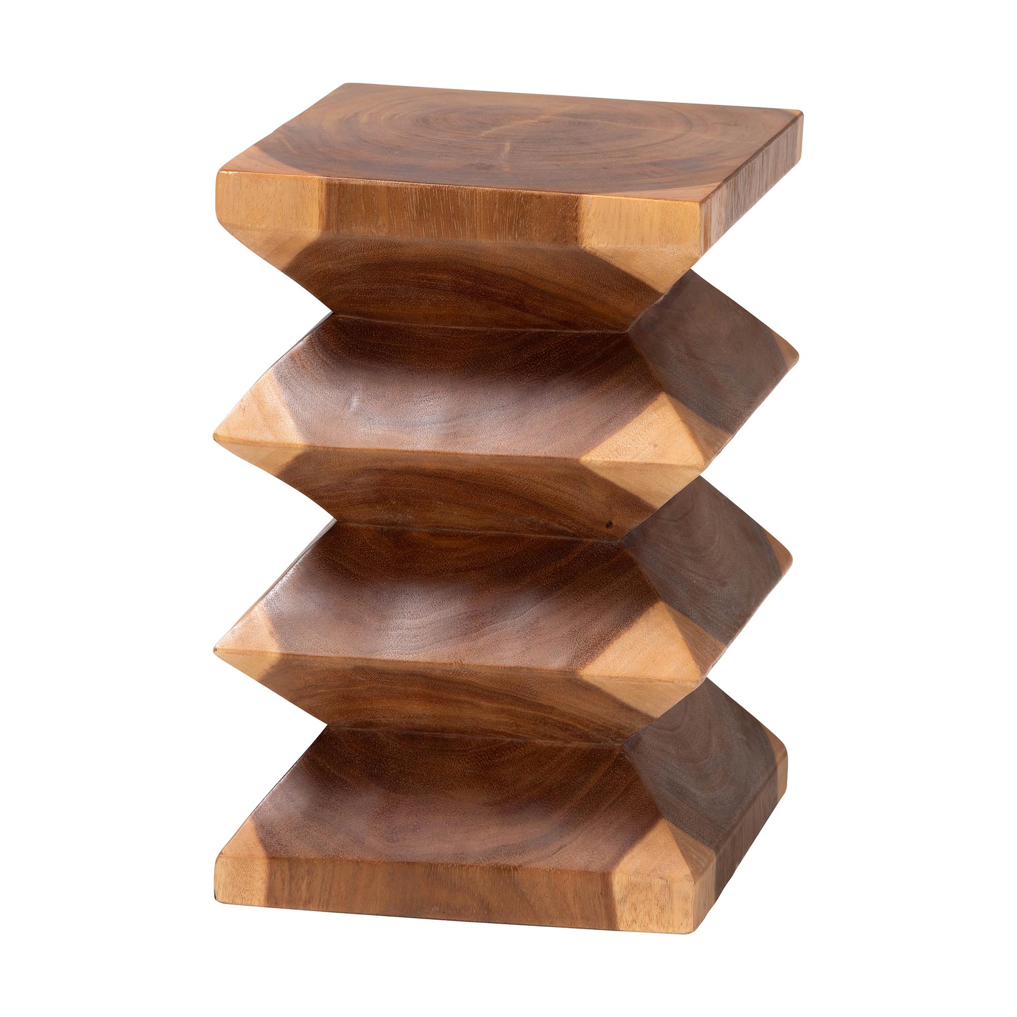 bali & pari Malati Solid Suar Wood Side Table - Hand-Carved Sculptural End Table with Zigzag Design, Modern Boho Style for Living Room or Bedroom