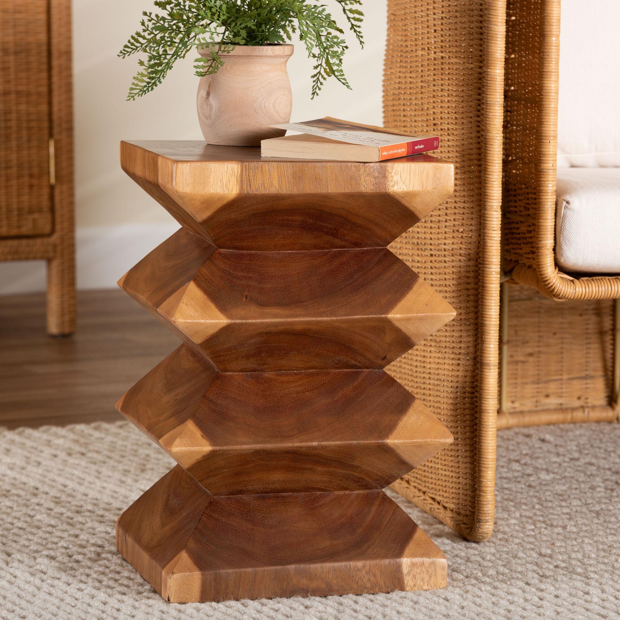 bali & pari Malati Solid Suar Wood Side Table - Hand-Carved Sculptural End Table with Zigzag Design, Modern Boho Style for Living Room or Bedroom