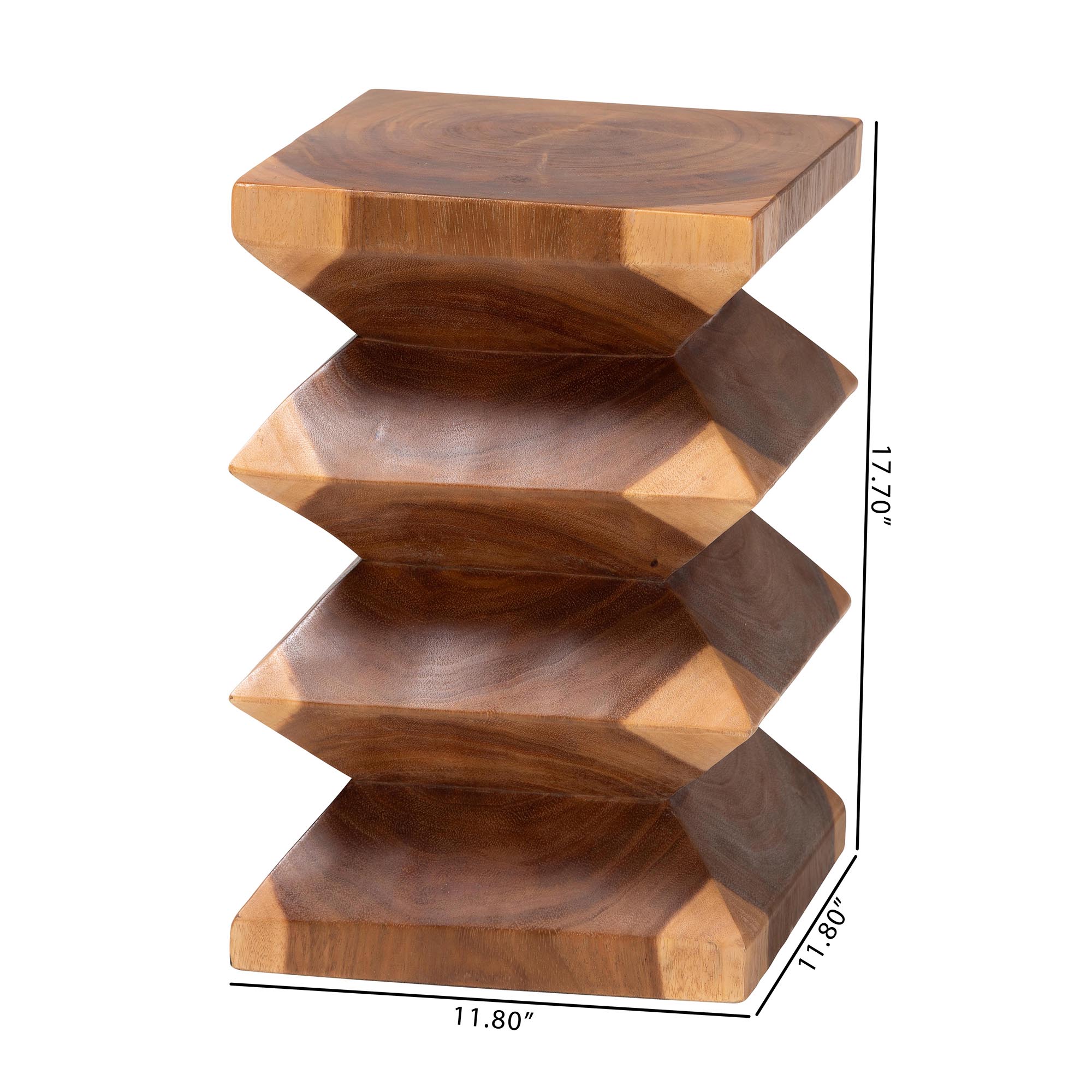 bali & pari Malati Solid Suar Wood Side Table - Hand-Carved Sculptural End Table with Zigzag Design, Modern Boho Style for Living Room or Bedroom