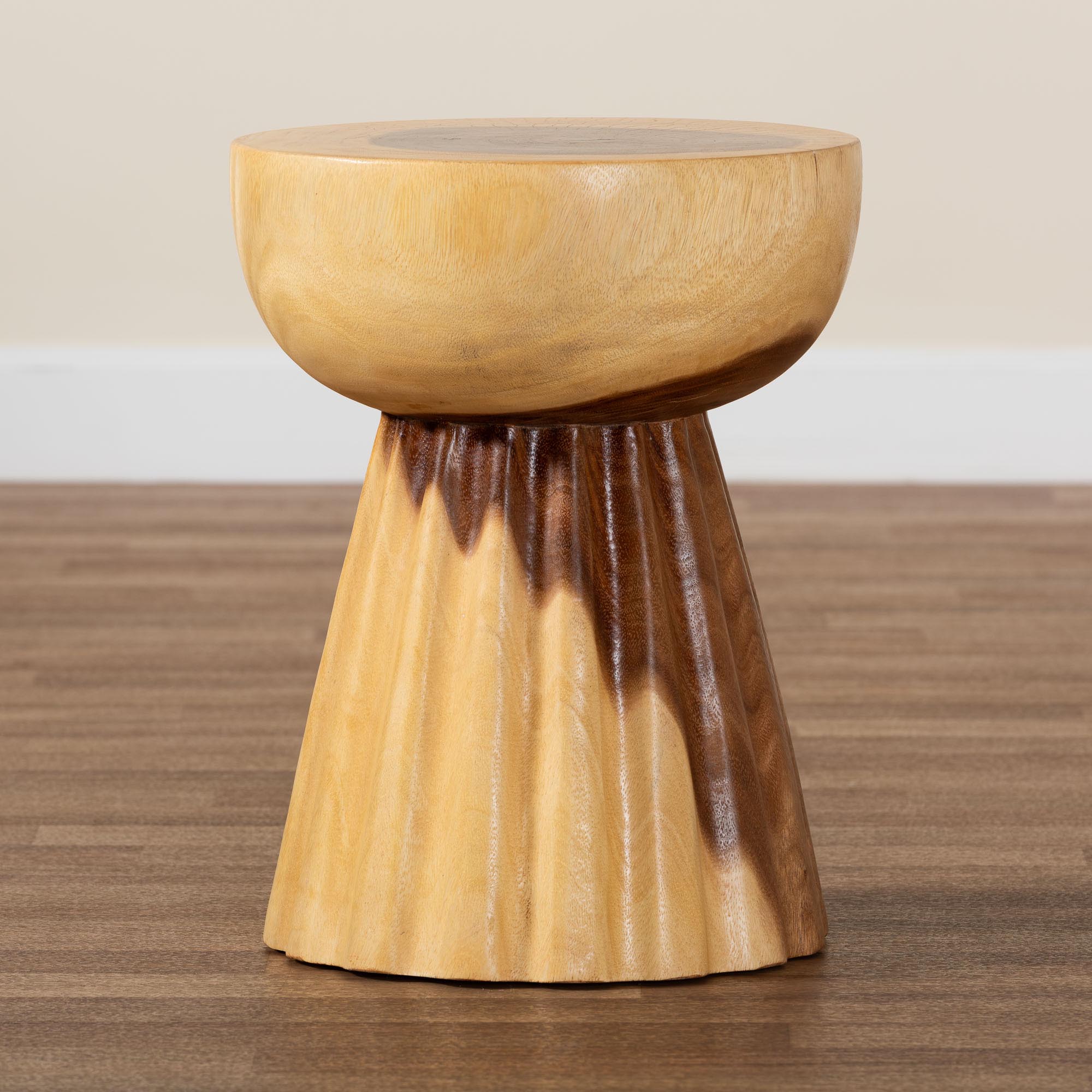 bali & pari Alara Hand -carved Suar Wood Side Table - Sculptural Pedestal Accent Table with Natural Grain, Modern Boho Style for Living Room or Bedroom