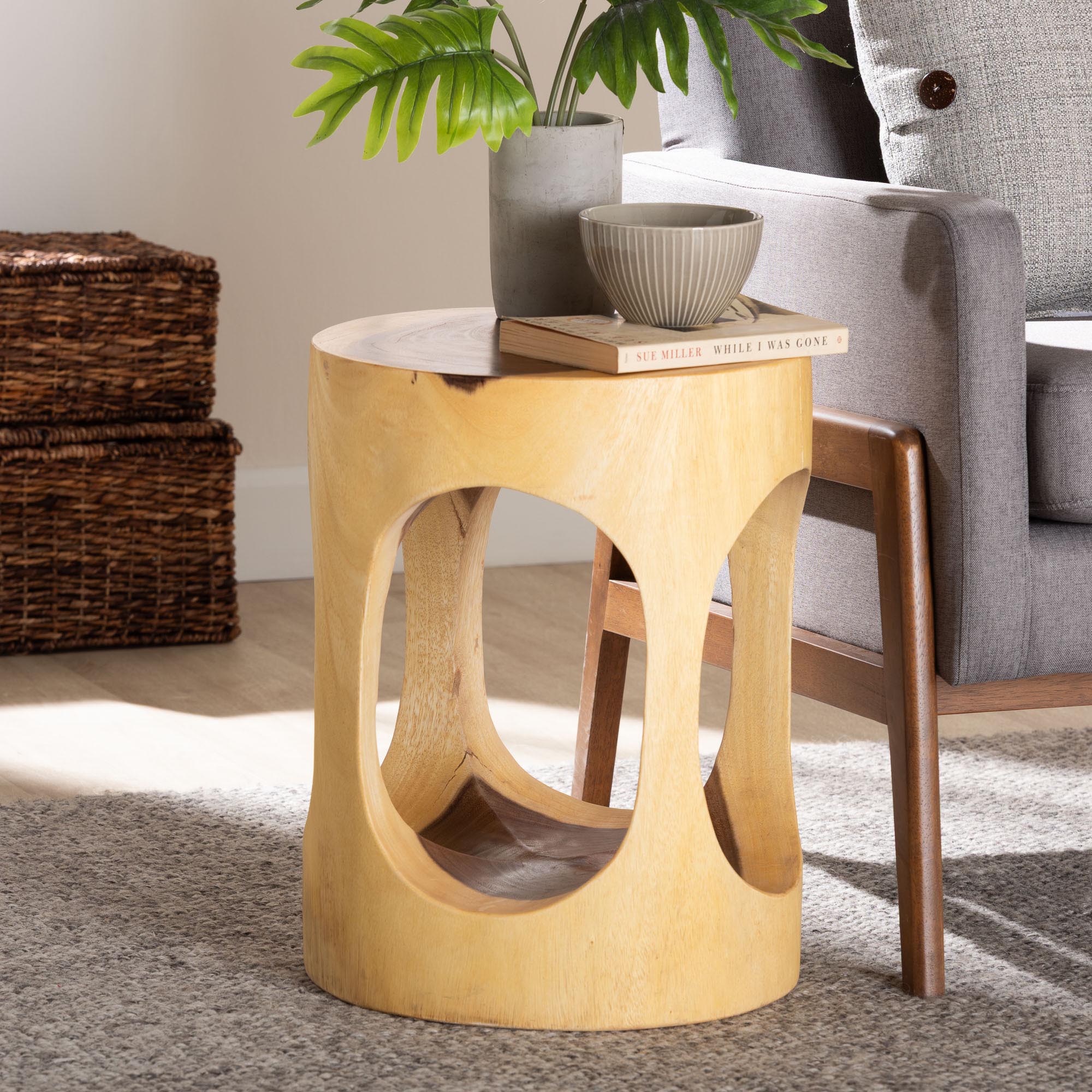 bali & pari Kaseko Hand -carved Suar Wood Side Table - Sculptural Accent Table with Open Work Design, Modern Boho Style for Living Room or Bedroom