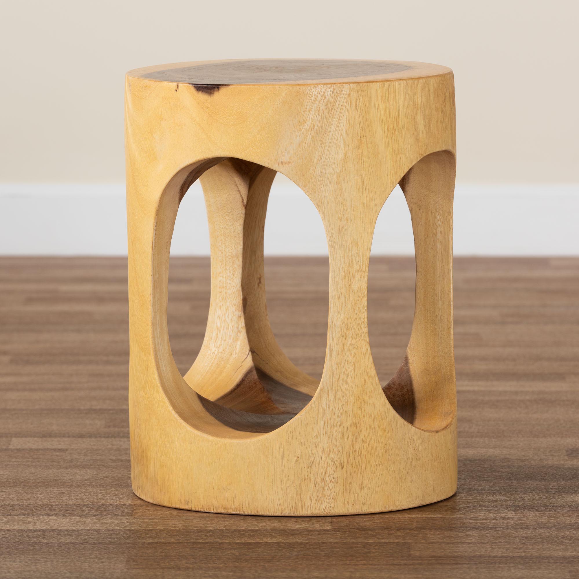 bali & pari Kaseko Hand -carved Suar Wood Side Table - Sculptural Accent Table with Open Work Design, Modern Boho Style for Living Room or Bedroom