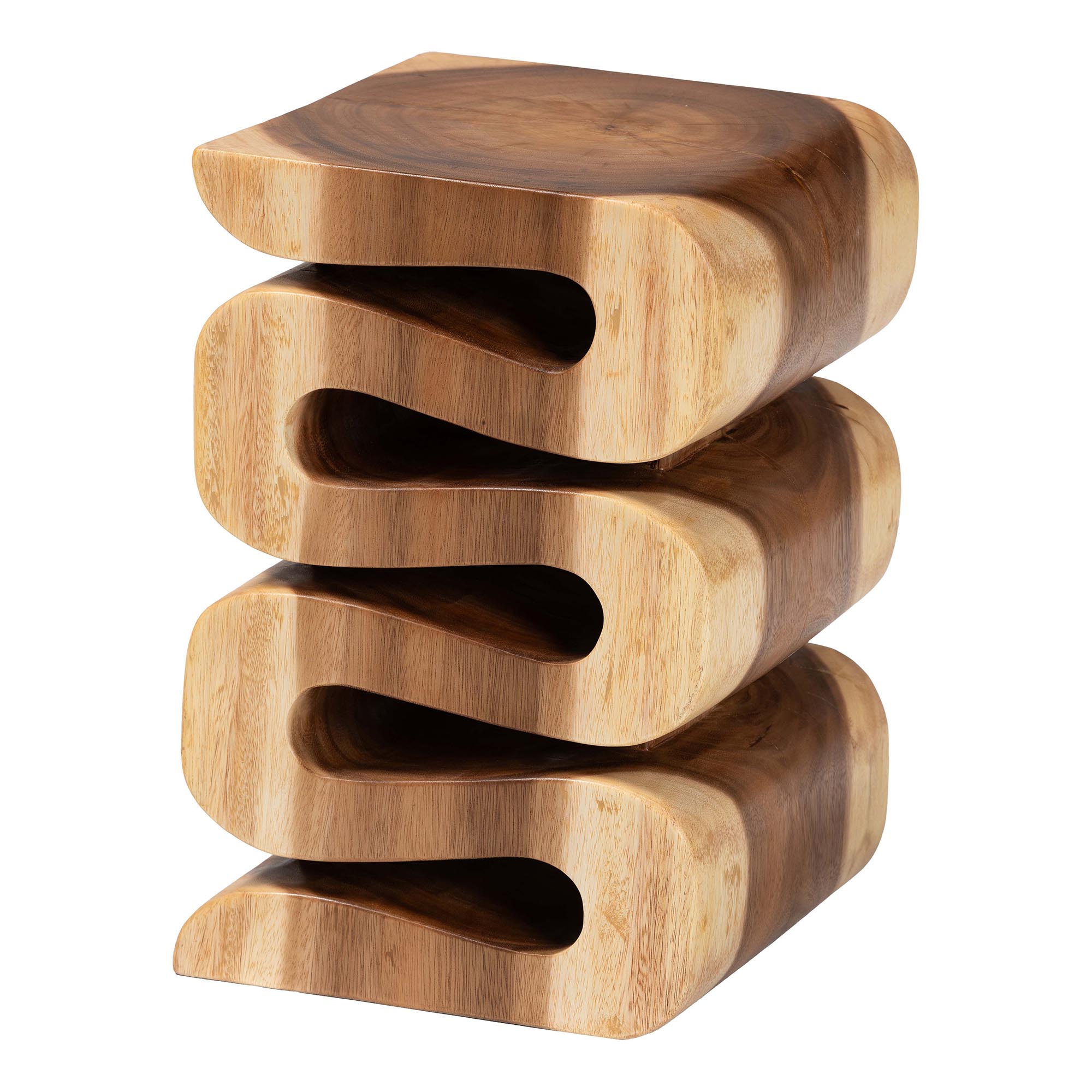bali & pari Eliada Hand -carved Suar Wood Side Table - Wavy Sculptural Accent Table with Stacked Design, Modern Boho Style for Living Room or Bedroom