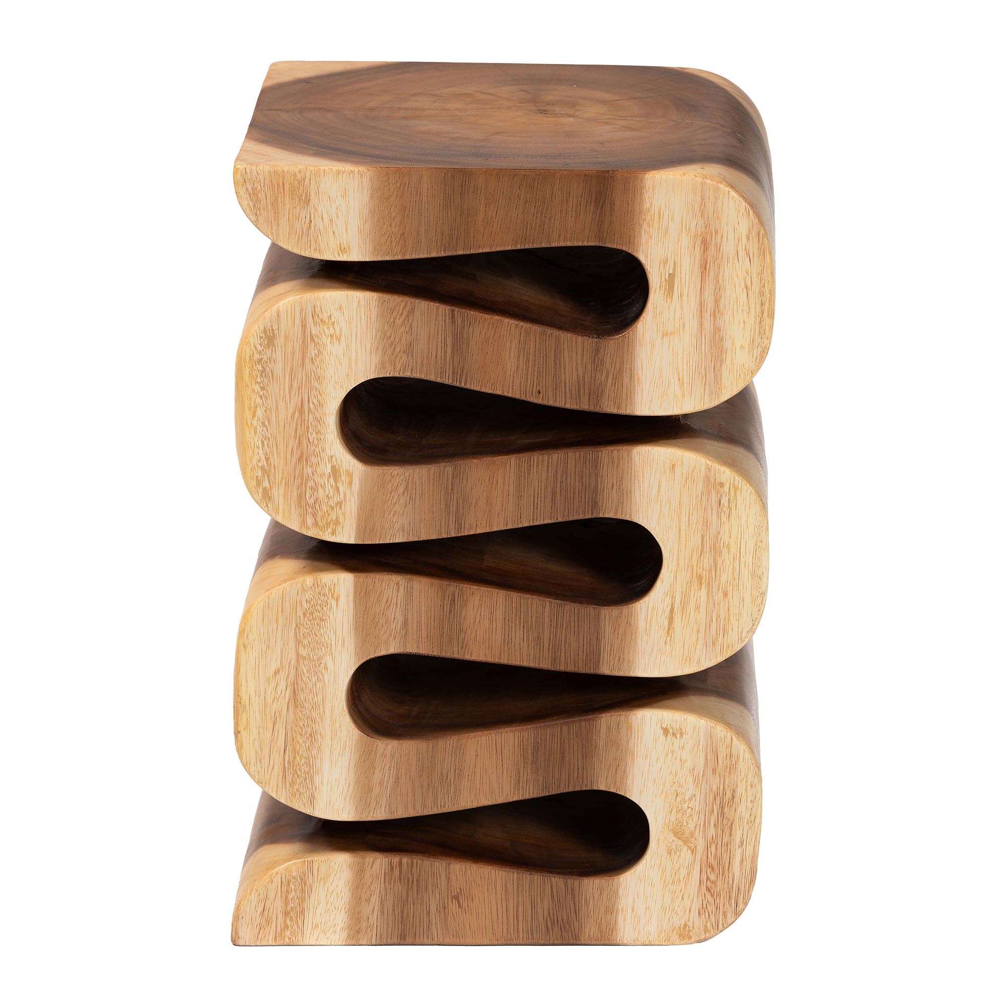 bali & pari Eliada Hand -carved Suar Wood Side Table - Wavy Sculptural Accent Table with Stacked Design, Modern Boho Style for Living Room or Bedroom