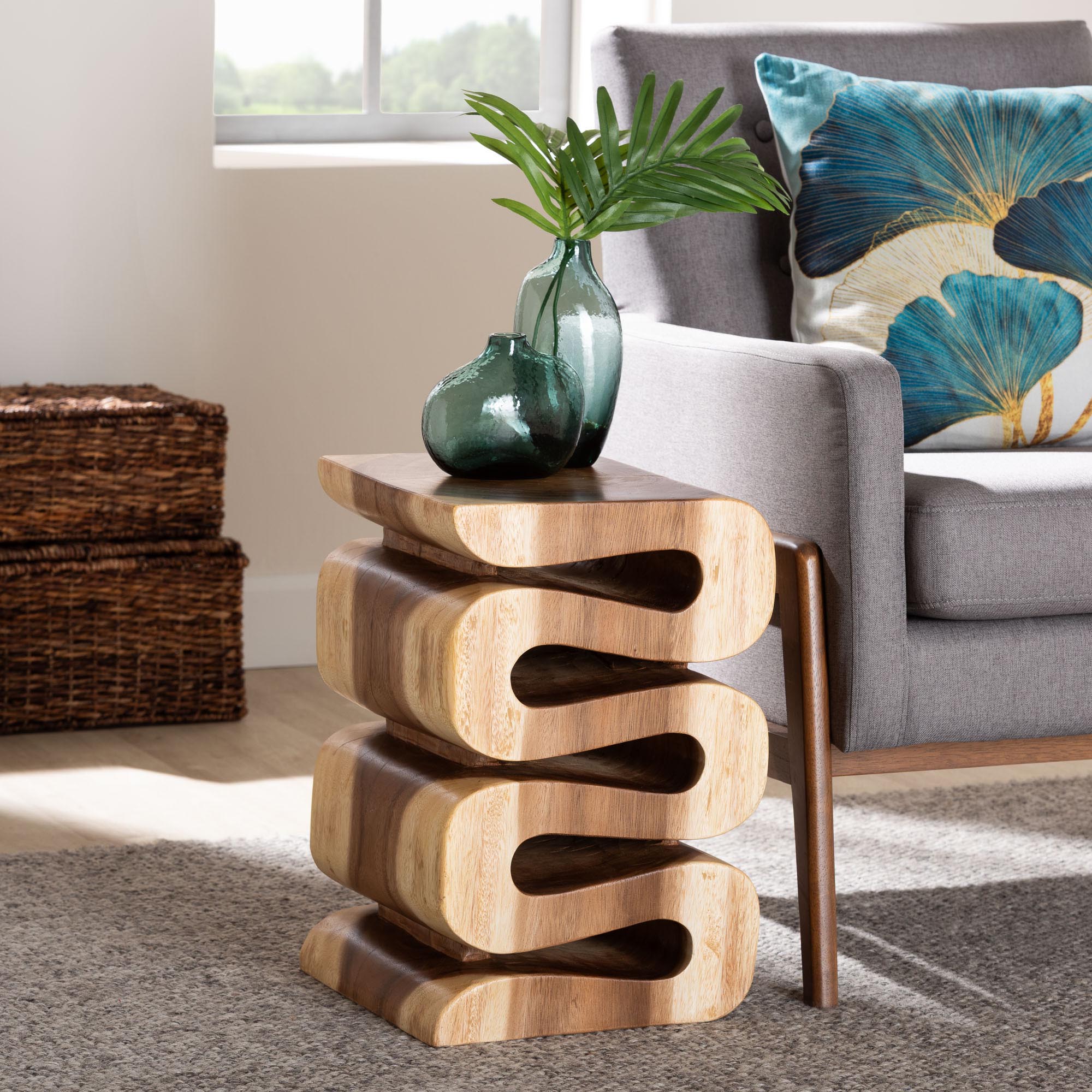 bali & pari Eliada Hand -carved Suar Wood Side Table - Wavy Sculptural Accent Table with Stacked Design, Modern Boho Style for Living Room or Bedroom