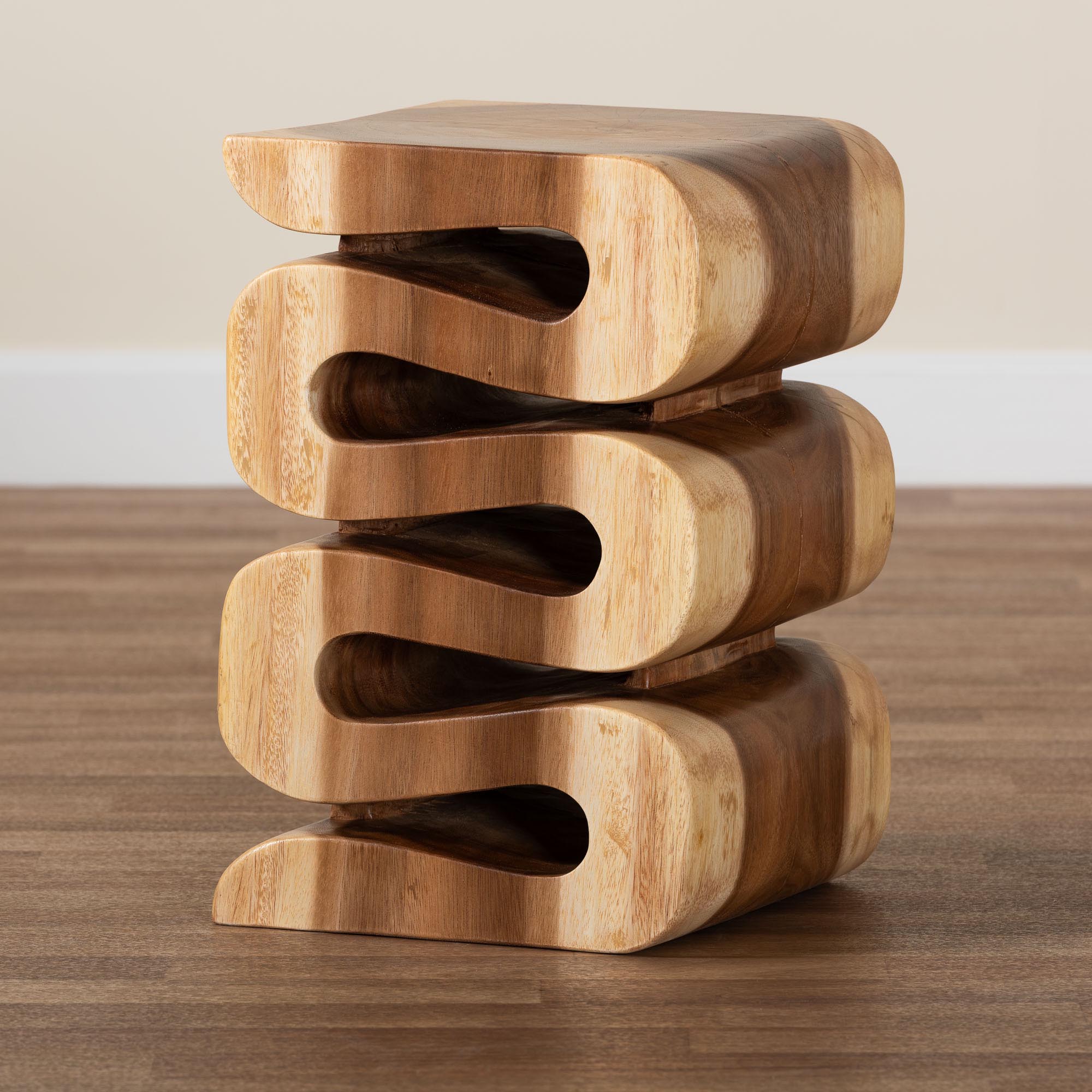 bali & pari Eliada Hand -carved Suar Wood Side Table - Wavy Sculptural Accent Table with Stacked Design, Modern Boho Style for Living Room or Bedroom