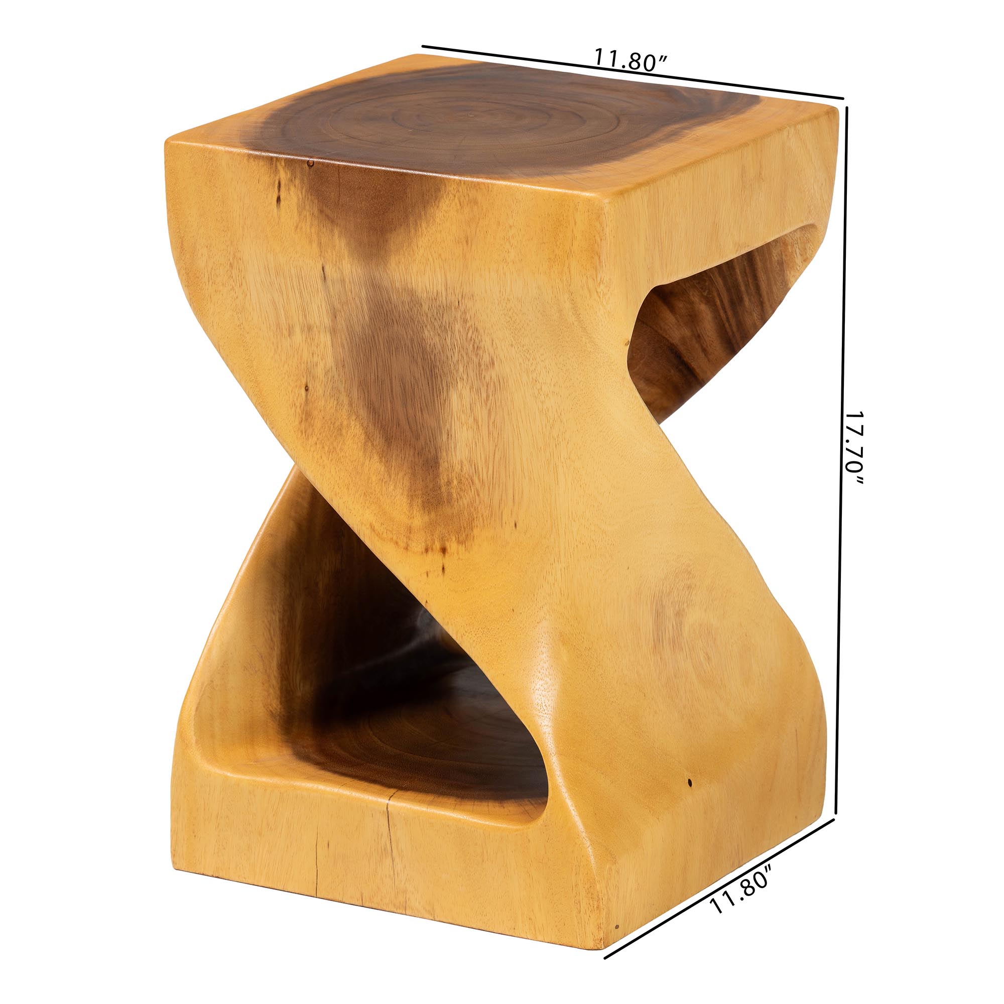 bali & pari Rapha Hand -carved Suar Wood Side Table with Shelf - Sculptural Accent Table with Twist Design, Modern Boho Style for Living Room or Bedroom